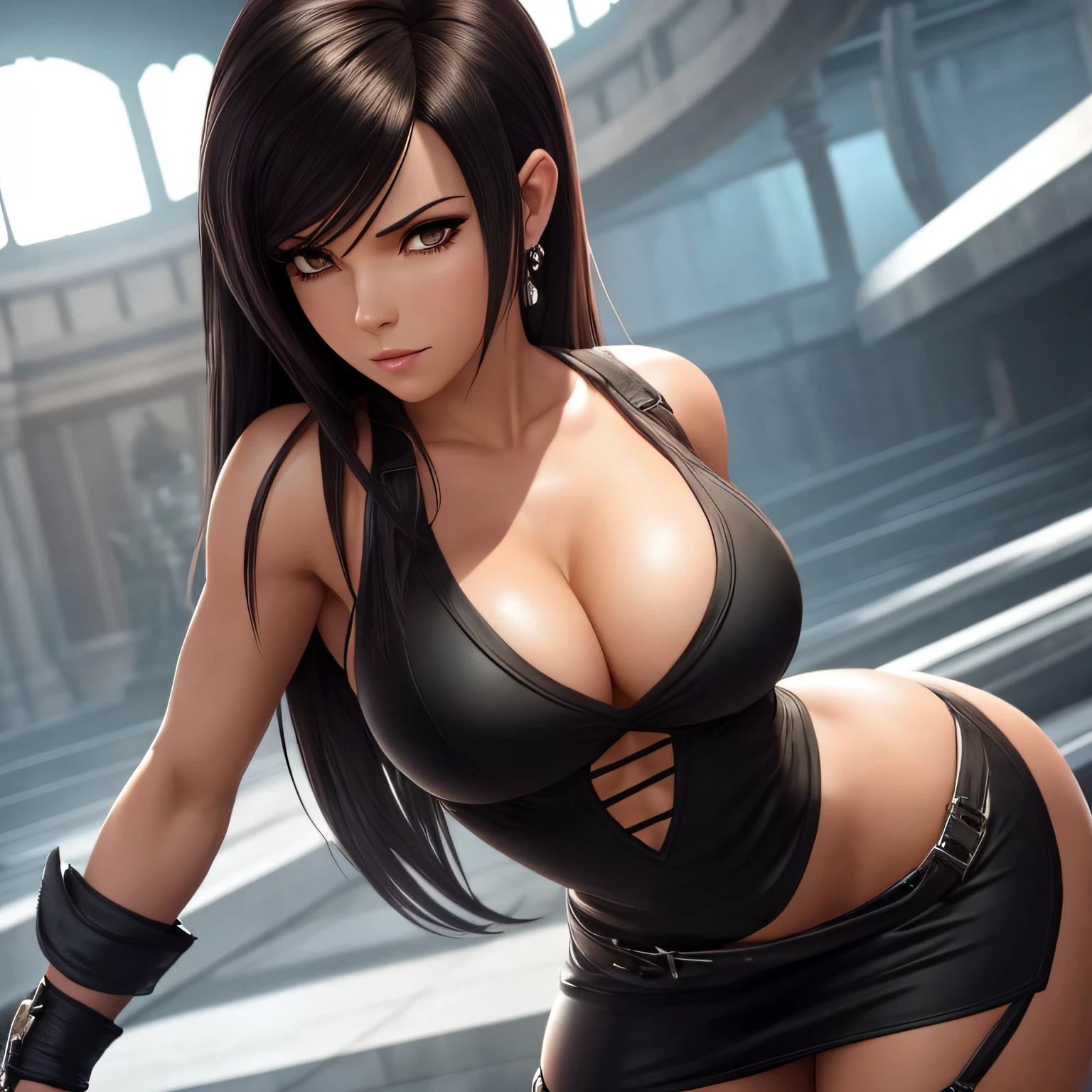 um close up de uma mulher em um vestido preto com uma flor branca em seu cabelo, Succubus em vestido curto apertado, elegant cinematic pose, character is in her natural pose, tracer in a skintight dress, Tifa Lockhart, Retrato sedutor de Tifa Lockhart, thicc, Tifa Lockheart glamourosa, Cinematic Goddess Body Shot, corpo perfeito sombreado realista, 2b --auto