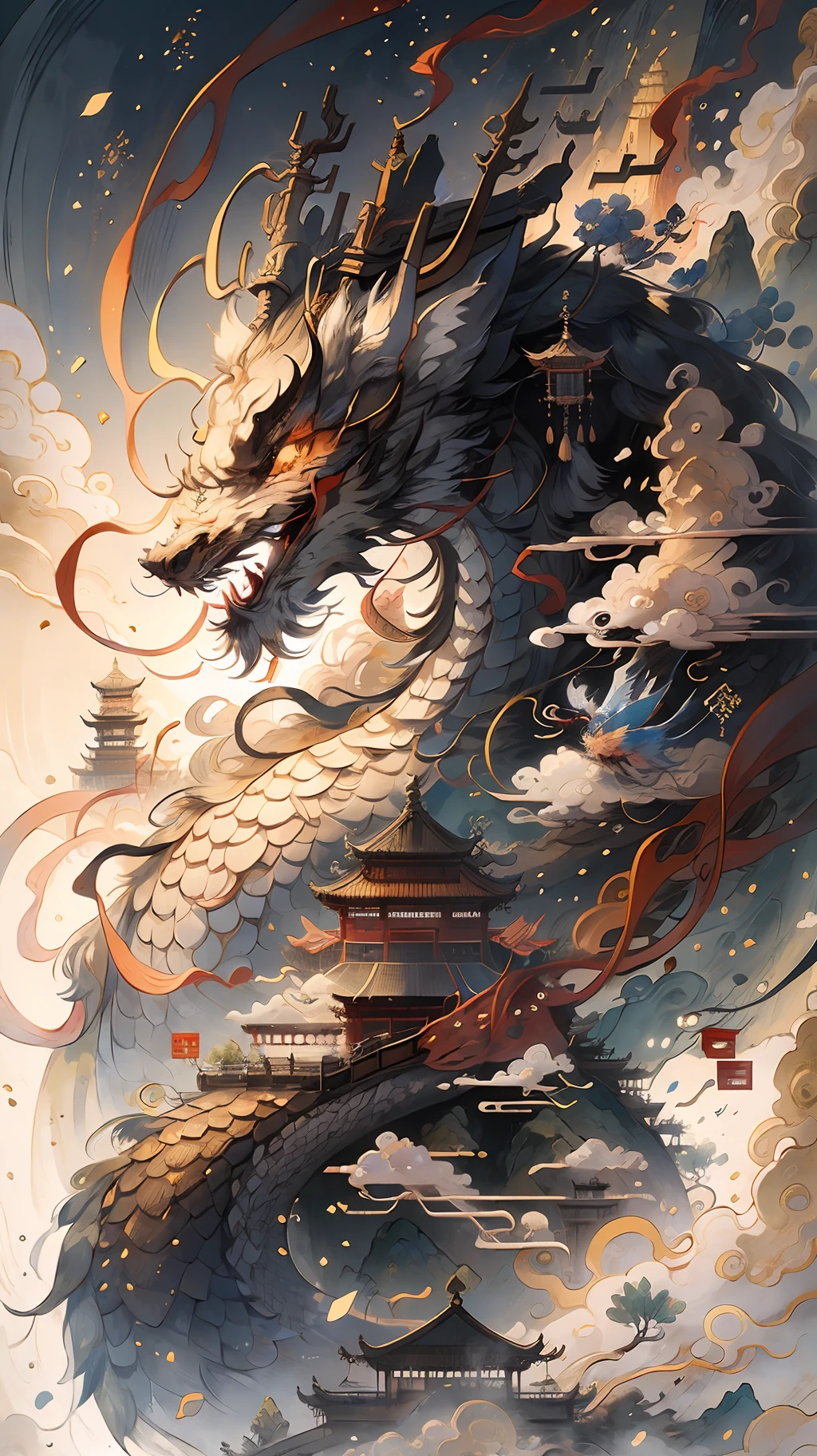 chinesedragon,An ancient Chinese painting, ancient chinese background, mountain ranges, rios, Auspicious clouds, Pavilions, rays of sunshine, tmasterpiece, super detailing, Epic composition, hyper HD, high qulity, extremely detaile, offcial art, 统一 8k 壁纸, super detailing