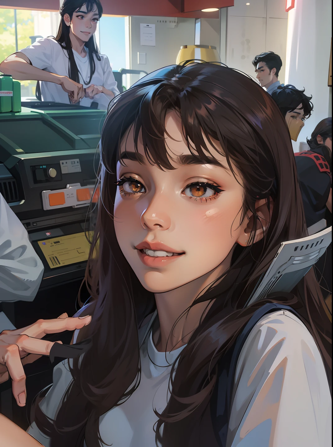 anime girl, brown skin, long hair, wavy black hair, brown eyes, seductive smirk, 18 year old, , chubby, plump cheeks, mischevious smile