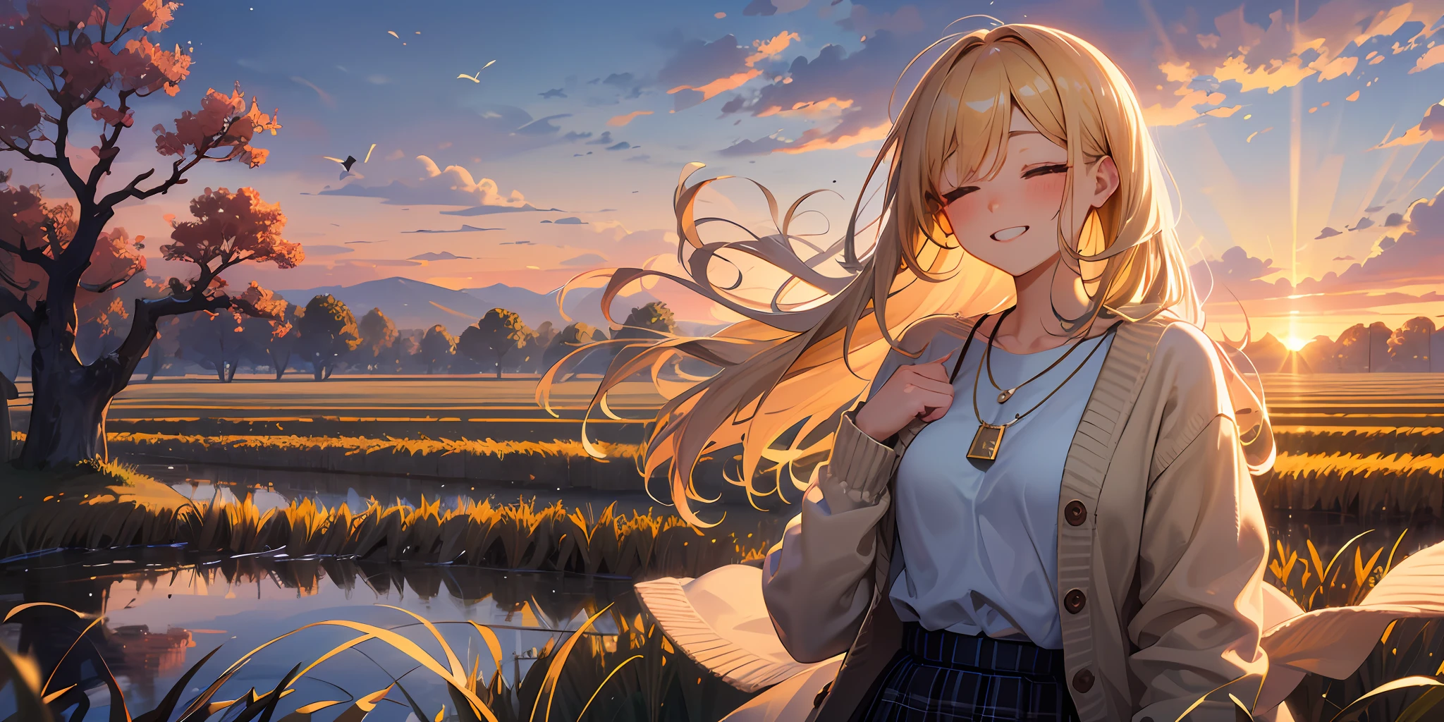 Best quality, Best Masterpiece, 1 woman, ((((Solo))), From the side Side, (Close your eyes: 1.4), Gentle smile, Show your teeth, Looking at the camera, Blonde, Brown cardigan, checked skirt, Blushing, (Rice field at dusk: 1.3), Big sunset, an orange view, small necklace, (Hide hands: 1.4),ultra - detailed,