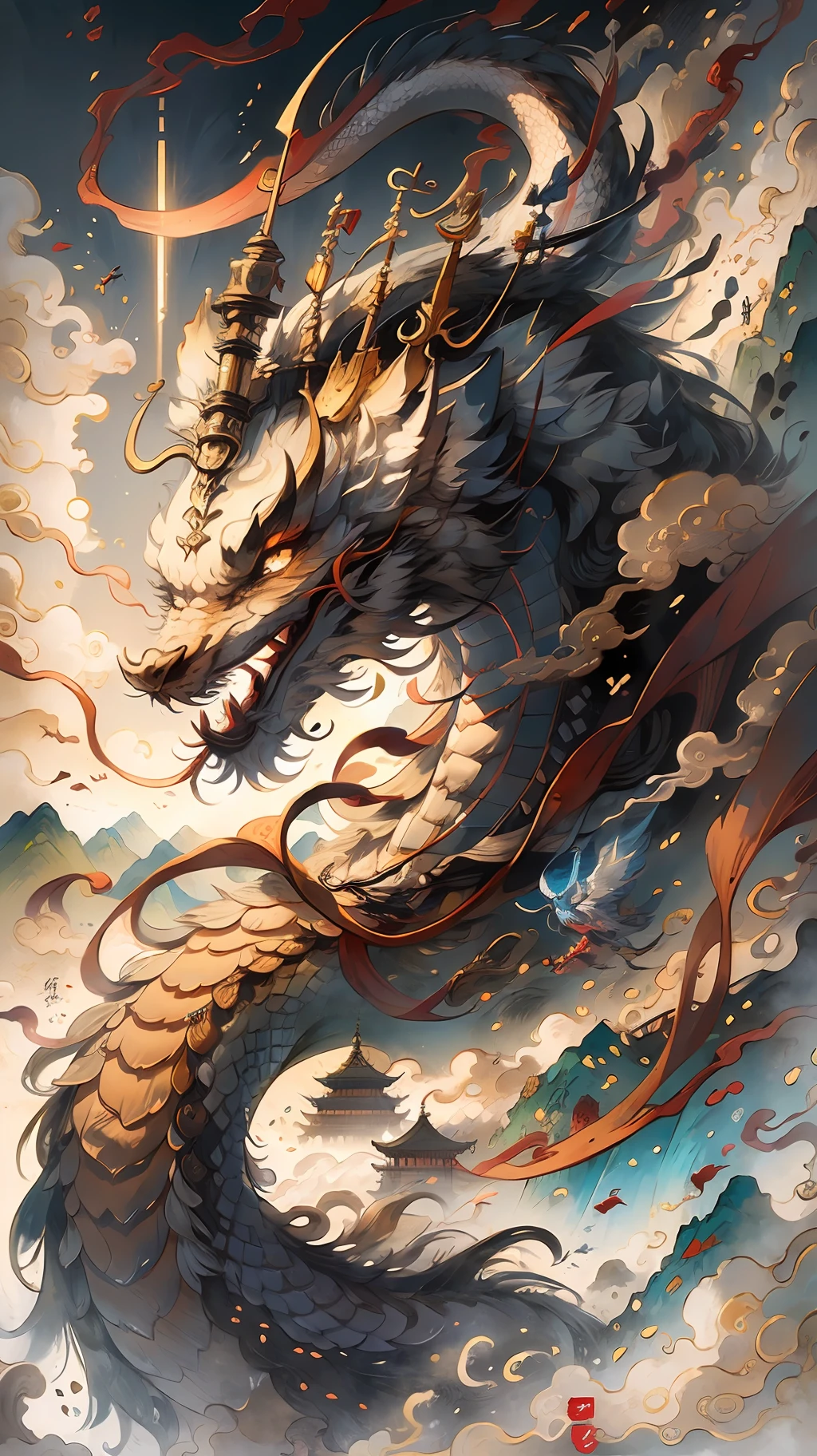 chinesedragon，An ancient Chinese painting， ancient chinese background， mountain ranges， rios， Auspicious clouds， Pavilions， rays of sunshine， tmasterpiece， super detailing， Epic composition， hyper HD， high qulity， extremely detaile， offcial art， 统一 8k 壁纸， super detailing