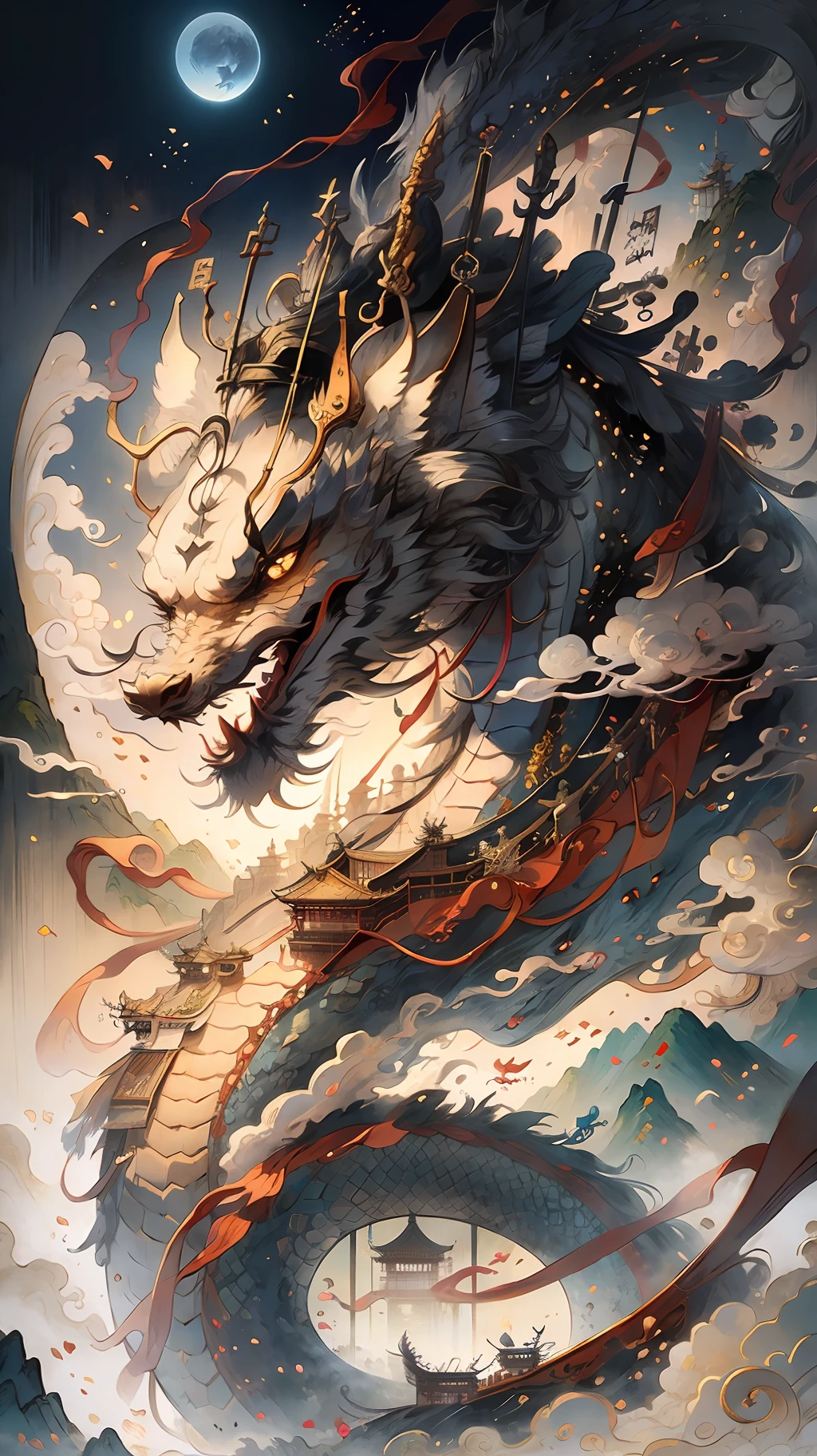 chinesedragon,An ancient Chinese painting, ancient chinese background, mountain ranges, rios, Auspicious clouds, Pavilions, rays of sunshine, tmasterpiece, super detailing, Epic composition, hyper HD, high qulity, extremely detaile, offcial art, 统一 8k 壁纸, super detailing