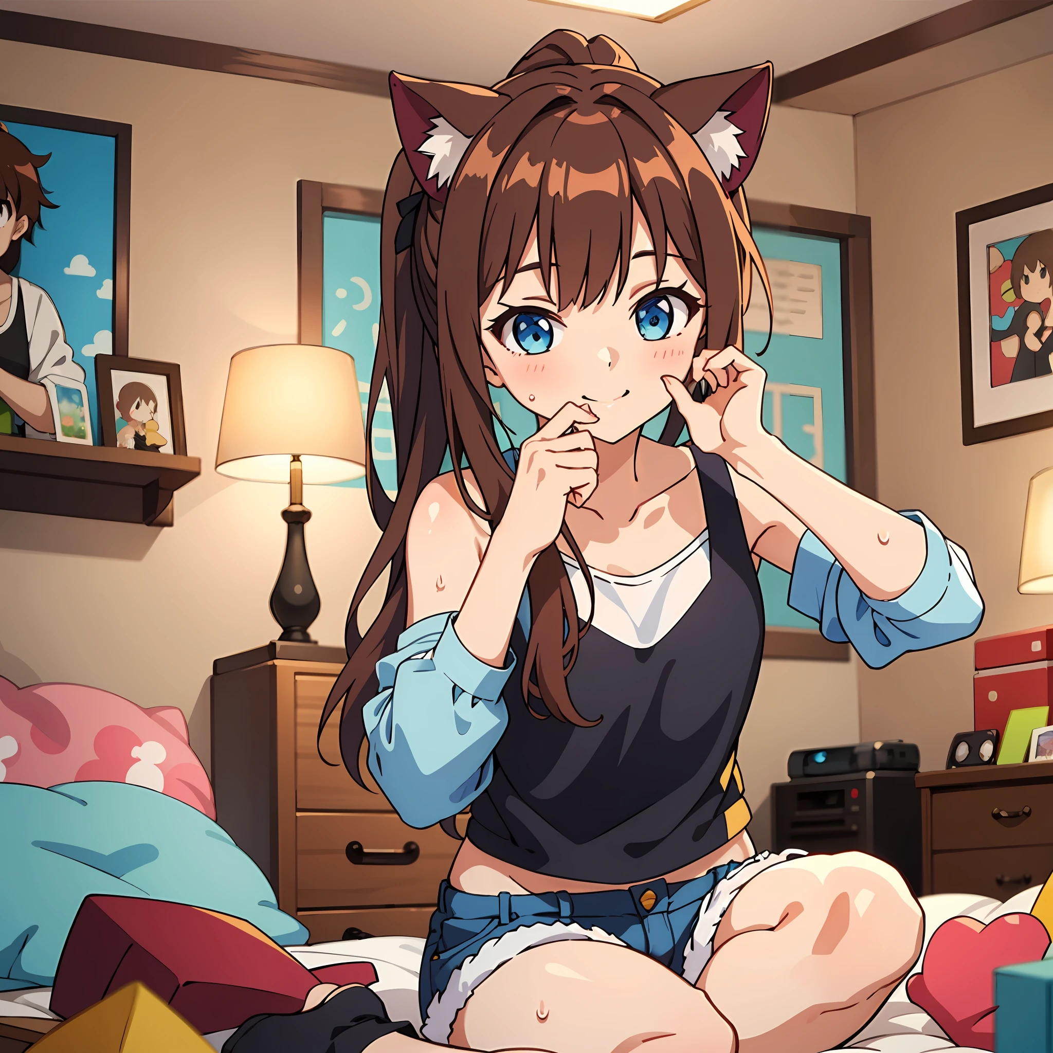 One girl.

(masutepiece, of the highest quality, Kyoto Animation Style Illustration, of the highest quality, Official art, aesthetics, Beautiful details, :1. 2), BREAK, (17 years old girl), Very detailed, colourfull, highest details, BREAK, (Bomb Chest: 1. 2,), Clear skin, Beautiful skin, Shy skin, with fringes, 1 beautiful girl, Brown hair, (Cat ears, Ponytail, medium-Long hair: 1. 2), (Light blue eyes, long eyelashes, Double eyelids: 1. 2), Solo, BREAK, 

Fans shake their heads to blow wind into the room.
A girl is one girl.
Black tank top and shorts. Sweat.
girl's own room, bed, desk work, Chair, DVR, Shelves with small items,Women's underwear scattered all over the room,Holding your head in bed,

Fans shake their heads to blow wind into the room.
The girl sits in front of the fan, Eat ice cream with your mouth wide open, A smile,