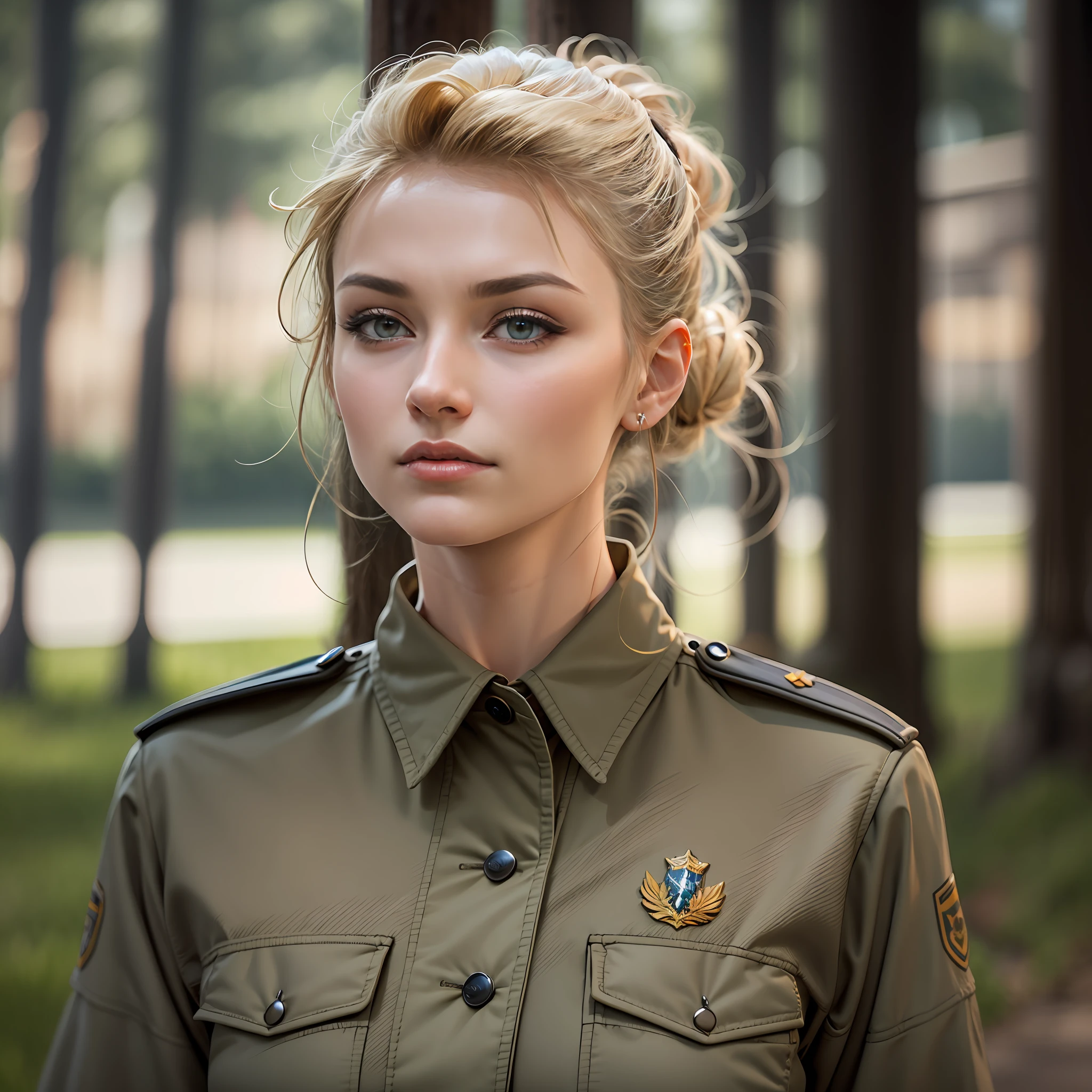 European face, high cheekbones, pronounced cheekbones, Straight nose, Big nose, spruce forest, autobahn, Official car, Guards uniform, blond hair, hair up to the shoulders.