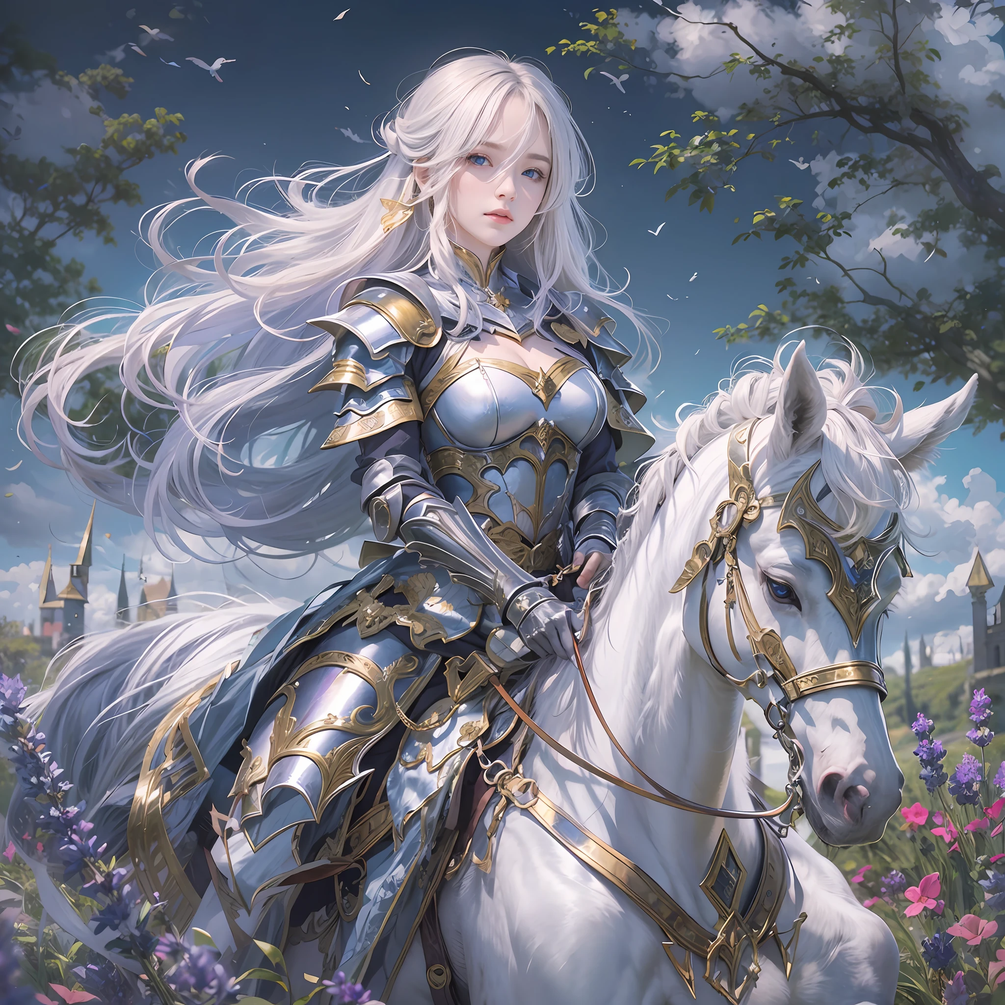 ​masterpiece, top-quality, One Young Woman Knight、Beautiful fece、Rin々Right、beautiful countenance、beautidful eyes、25-years old、((FULL BODYSHOT))、Silver Half Plate and Dress Armor、Gorgeous blonde、long、Blue eyes、thoughtful、White horse、magical fantasy、chies、Lavender fields、in isekai、Medieval Europe、((FULL BODYSHOT))、Dynamic angles、