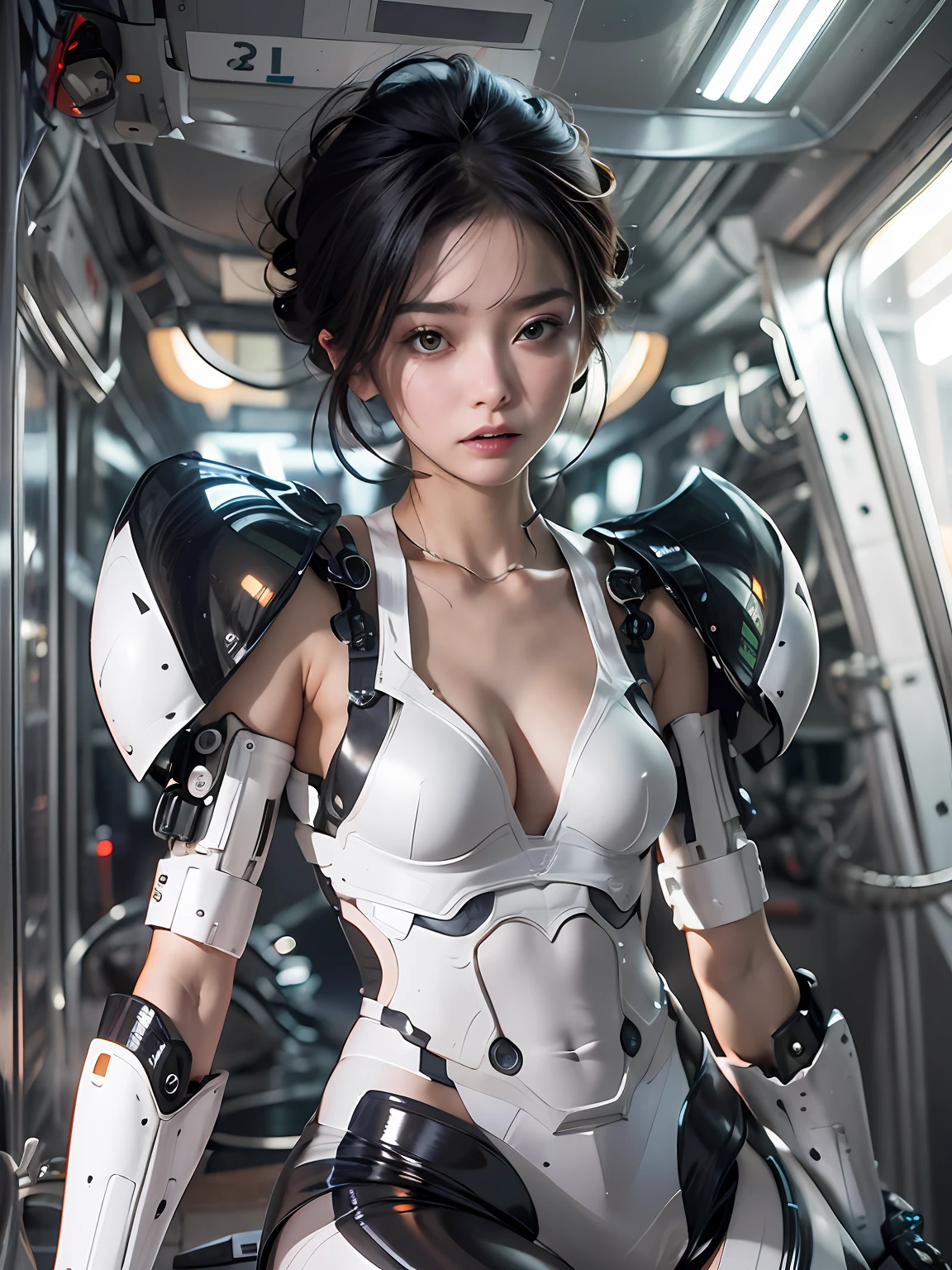 there is a woman in a white suit posing for a picture, cute cyborg girl, girl in mecha cyber armor, beutiful girl cyborg, beutiful white girl cyborg, portrait armored astronaut girl, young lady cyborg, perfect android girl, cyborg girl, in white futuristic armor, scifi woman, beautiful cyborg girl, portrait beautiful sci - fi girl, cyborg - girl