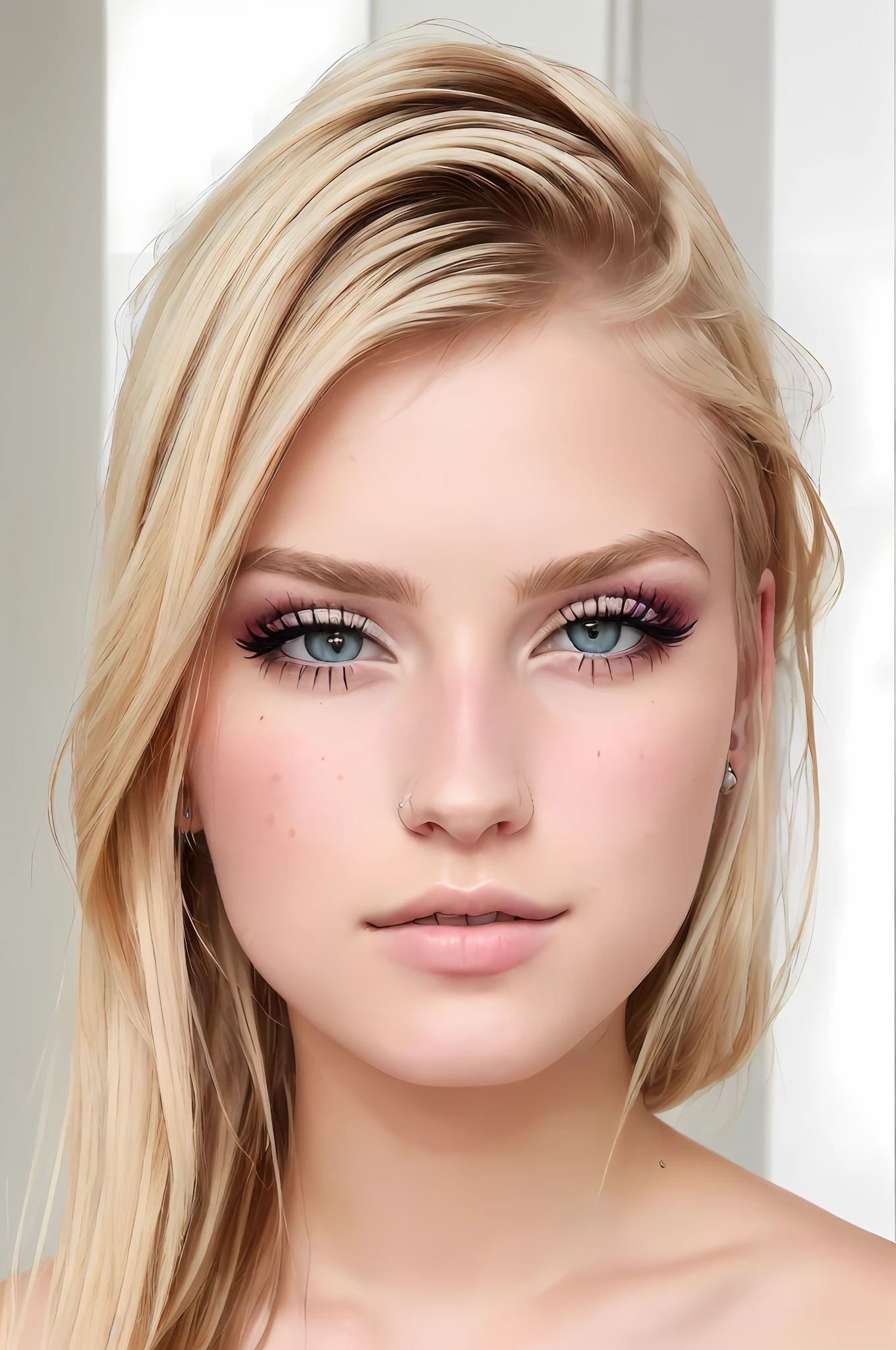 ((best quality)), ((ultra res)), ((photorealistic), (intricate details), 19 years old, blonde, perfect face shape, makeup:1.5, face light, facial detail, naked, short hair,