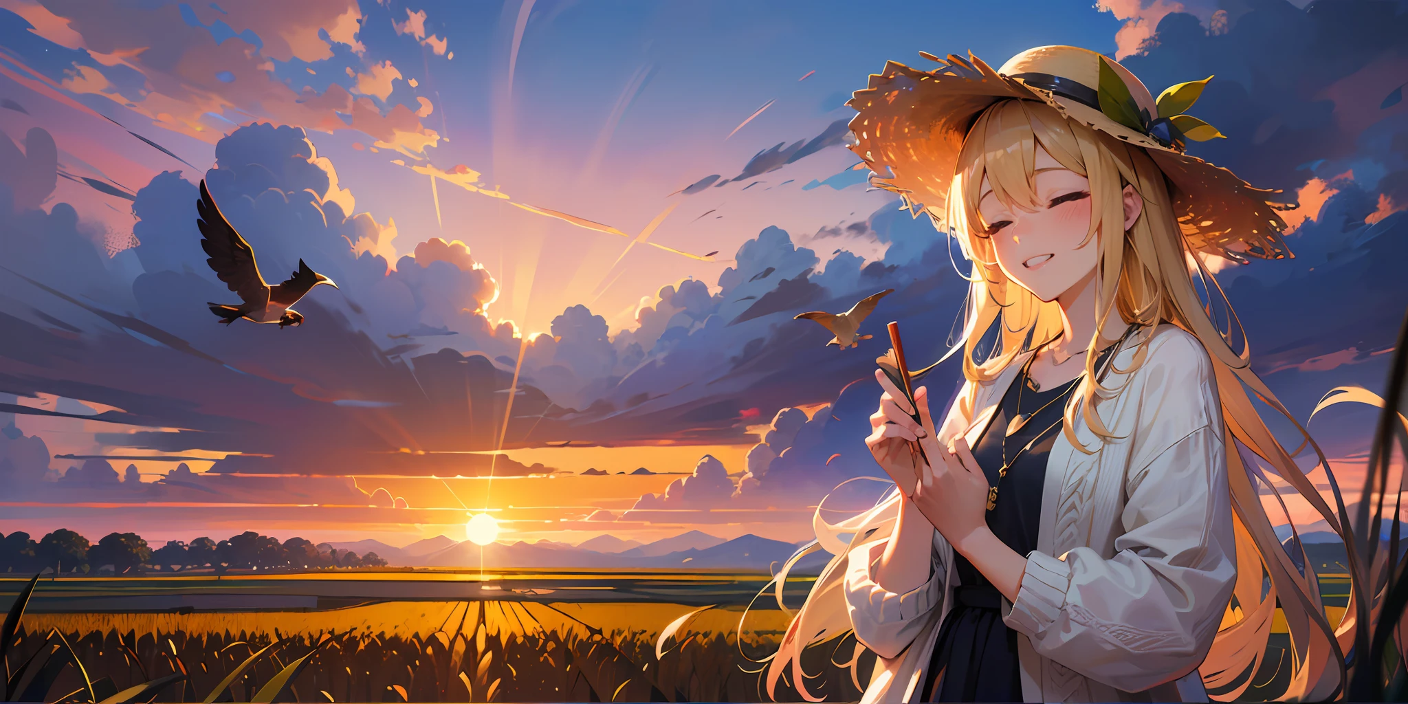 Best quality, Best Masterpiece, 1 woman, ((((Solo))), From the side Side, (Close your eyes: 1.4), Gentle smile, Show your teeth, Looking at the camera, Blonde, Brown cardigan, White skirt, Wearing a straw hat，There are flying birds in the sky，Blushing, (Rice field at dusk: 1.3), Big sunset, an orange view, small necklace, (Hide hands: 1.4),ultra - detailed，