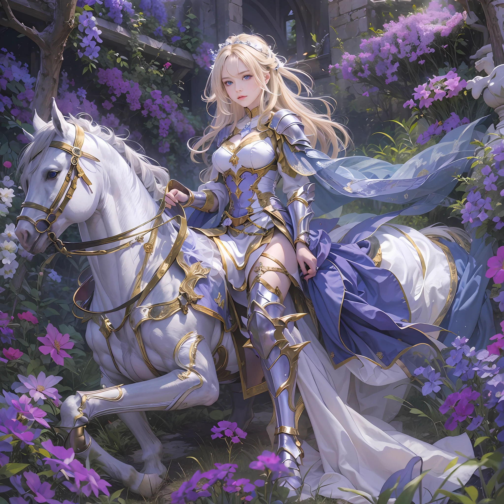 ​masterpiece, top-quality, One Young Woman Knight、Beautiful fece、Rin々Right、beautiful countenance、beautidful eyes、25-years old、((FULL BODYSHOT))、Silver Half Plate and Dress Armor、Gorgeous blonde、long、Blue eyes、thoughtful、White horse、magical fantasy、chies、Lavender fields、in isekai、Medieval Europe、((FULL BODYSHOT))、Dynamic angles、