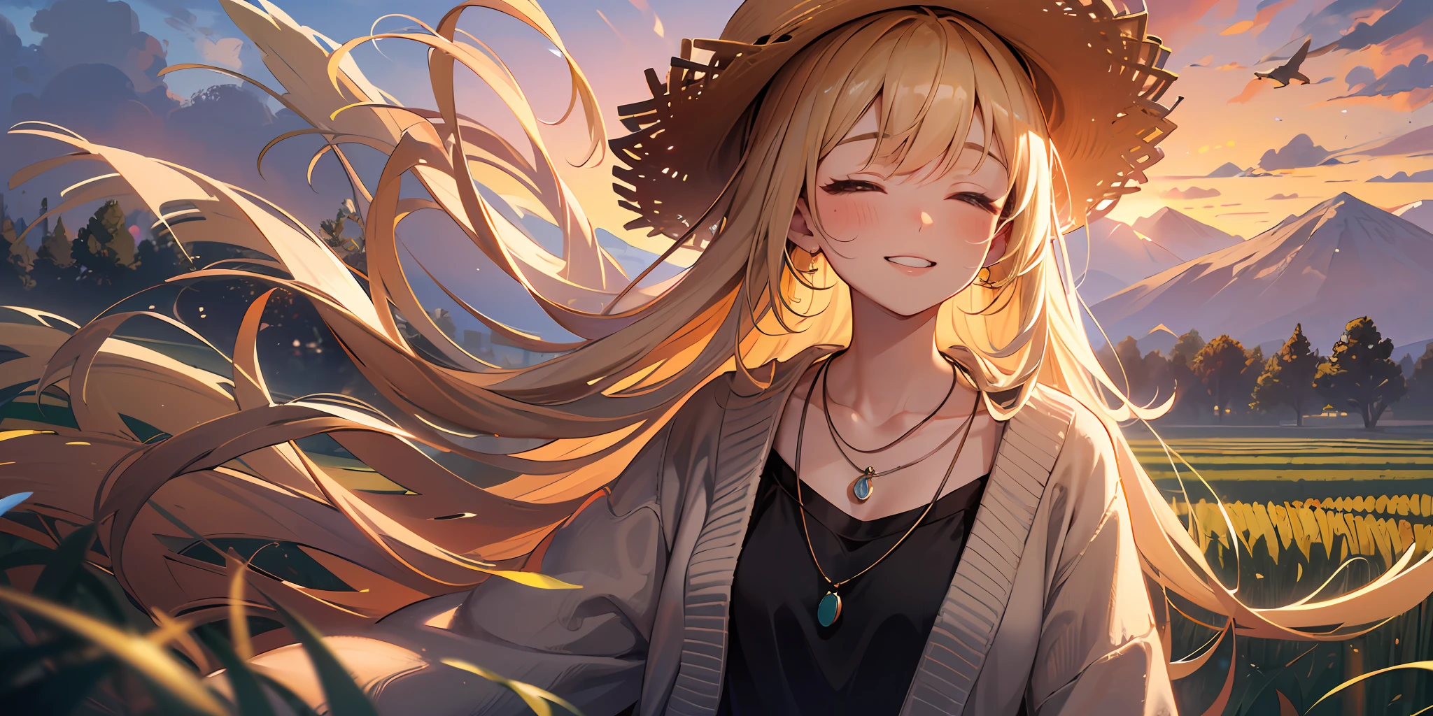 Best quality, Best Masterpiece, 1 woman, ((((Solo))), From the side Side, (Close your eyes: 1.4), Gentle smile, Show your teeth, Looking at the camera, Blonde, Brown cardigan, White skirt, Wearing a straw hat,There are flying birds in the sky,Blushing, (Rice field at dusk: 1.3), Big sunset, an orange view, small necklace, (Hide hands: 1.4),ultra - detailed,