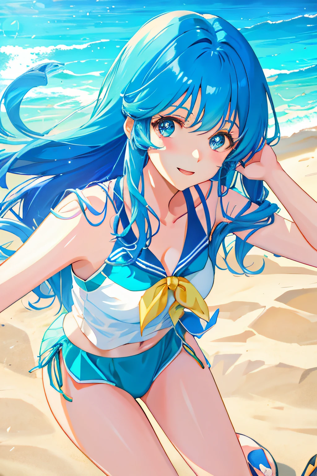 lynn minmay, 1girl, solo, twin drills, blue hair, bikini, beach,