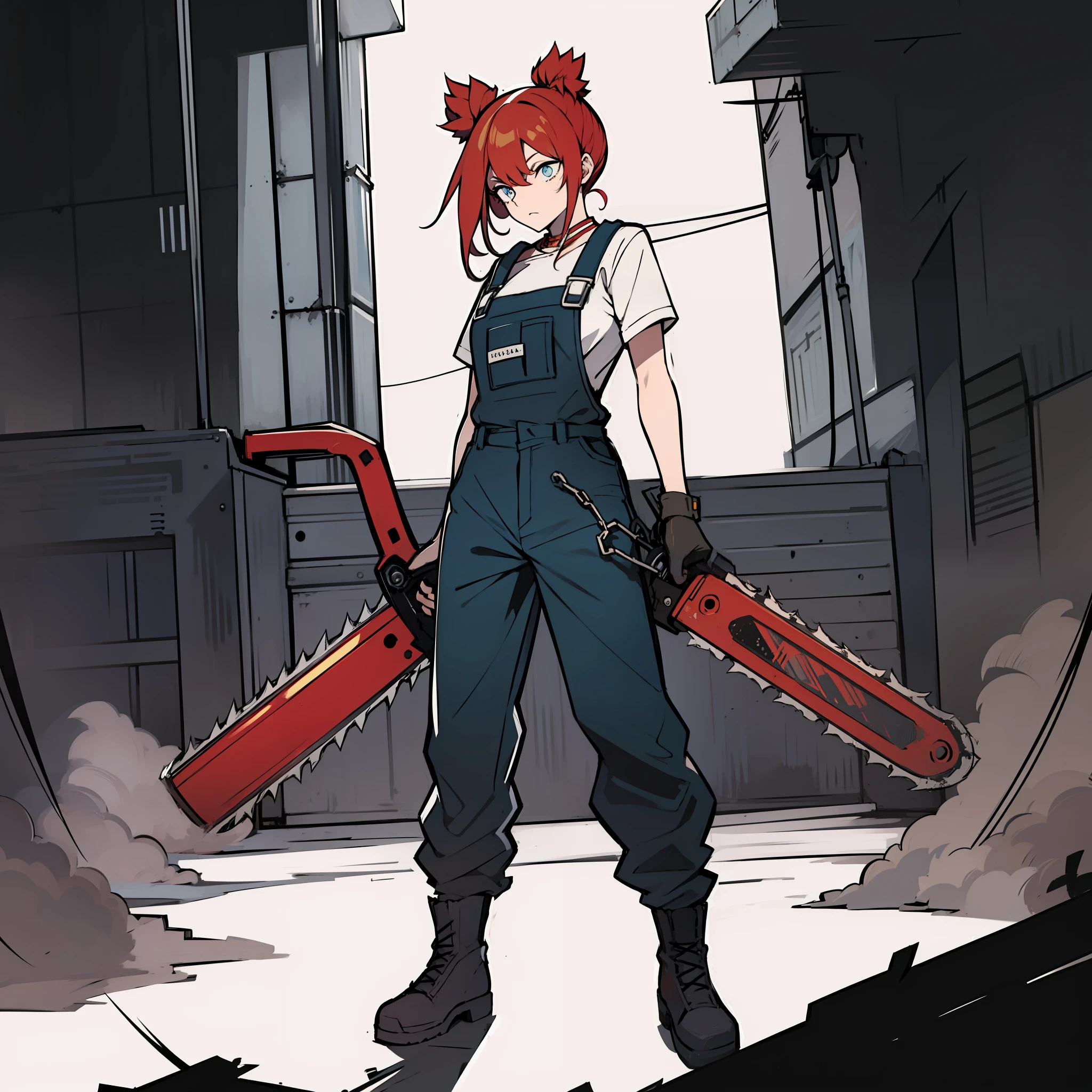 Two chainsaws，redheadwear，with a simple background，Chainsaw