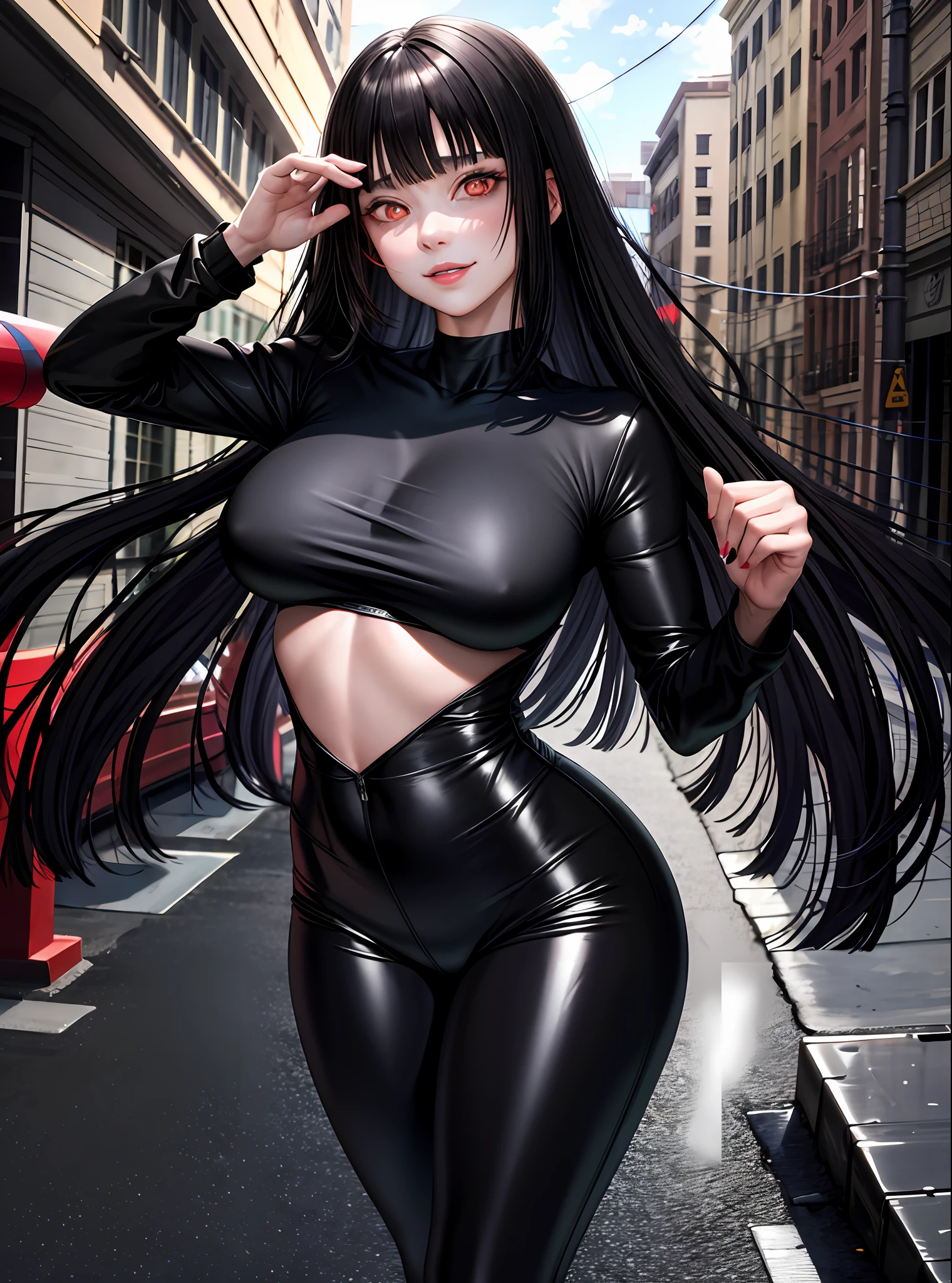 masterpiece, best quality, high quality, ultra-realistic, anime style, woman {wearing nike leggings,blouse, black}, hands on breasts, grabbing on breasts, [best shadows, best lighting]:: 0.8, hd, hdr, 4k) gym, highly detailed{ lips half-open, face perfect}, (medium breasts: 1.4), (skindentation), thick thighs, wide hips, high, glossy coral lips, hair {loose, very long, straight, black, bangs,  Naruto's Hyuuga hinata} (focus on highly detailed{red:3.4, crazy, excited, obsessive, bright} eyes, abera mouth, (evil smile), (focus on well-designed, highly detailed, perfect pupils)