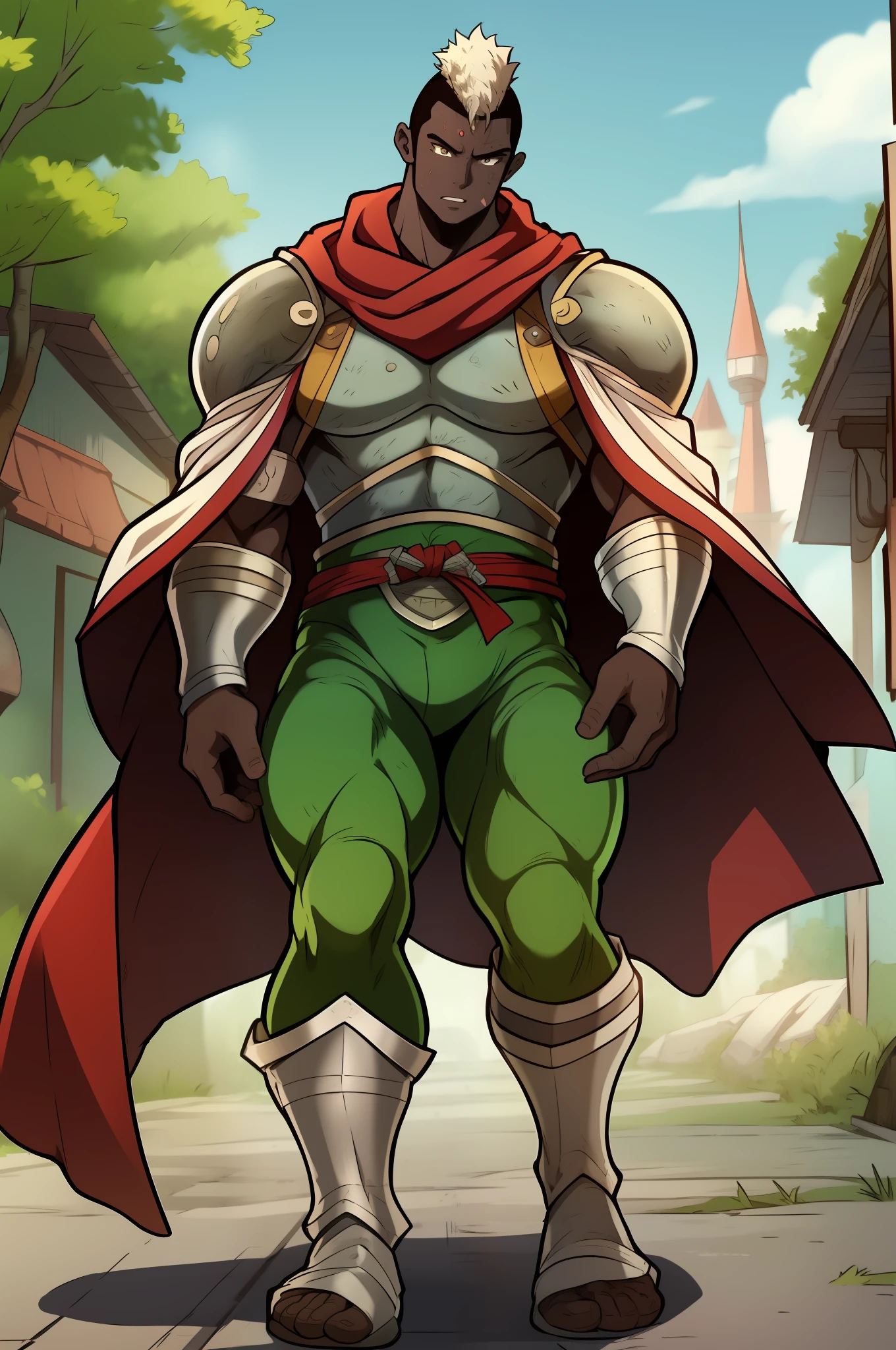 ((arte estilo anime)), personagem extremamente musculoso, corpo de bodybuilder, personagem tem uma pele escura, cabelo preto com um moicano branco, The character is wearing green pants, armadura espacial, imagem frontal de um personagem musculoso, protagonista de anime, personagem heroico e poderoso. wearing kimono,, walking, full body, medieval village, cape ,scarf, vest