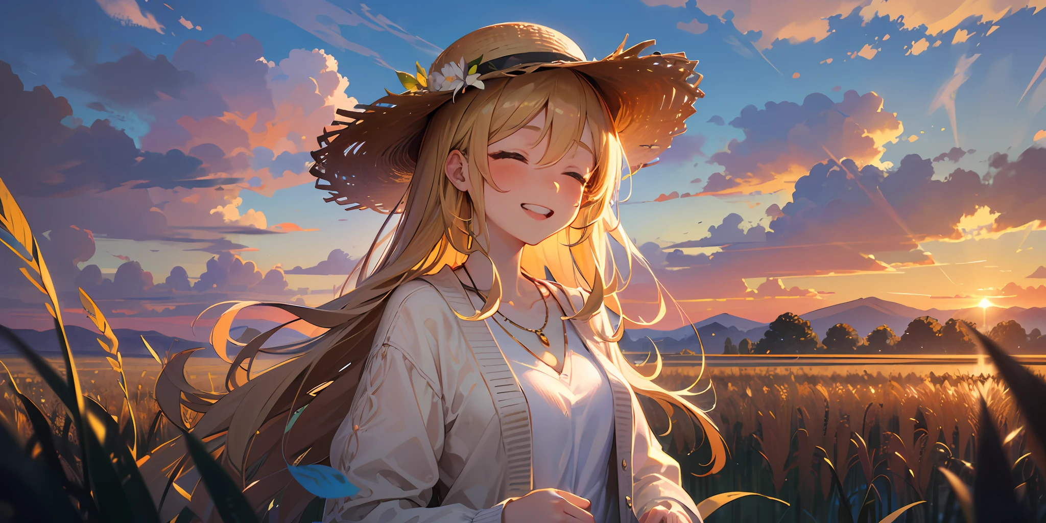 Best quality, Best Masterpiece, 1 woman, ((((Solo))), From the side Side, (Close your eyes: 1.4), Gentle smile, Show your teeth, Looking at the camera, Blonde, Brown cardigan, White skirt, Wearing a straw hat,There are birds in the sky,There are small butterflies around,Blushing, (Rice field at dusk: 1.3), Big sunset, an orange view, small necklace, (Hide hands: 1.4),ultra - detailed,