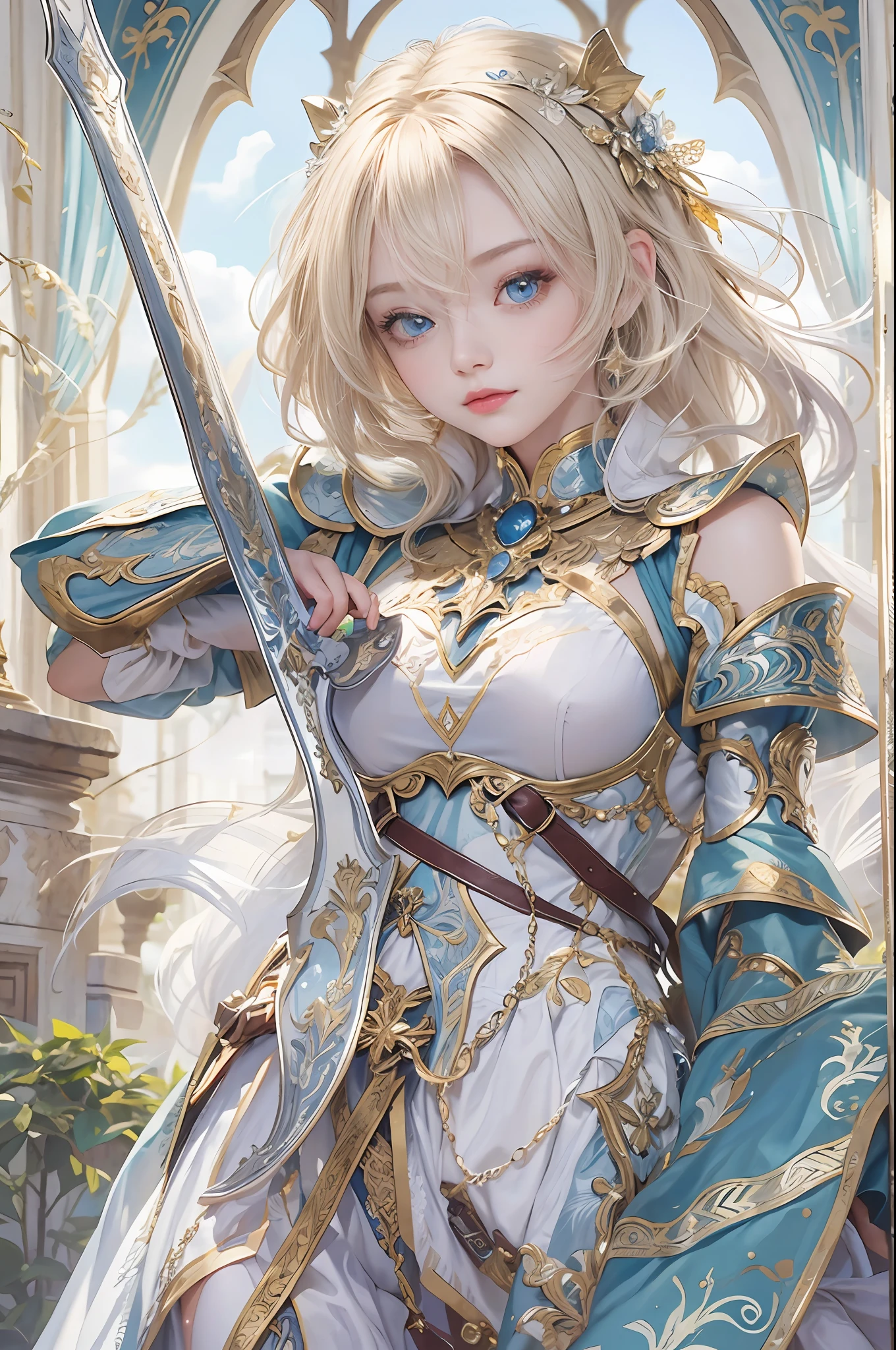 ​masterpiece, top-quality, One Young Woman Knight、Beautiful fece、Rin々Right、beautiful countenance、beautidful eyes、25-years old、((FULL BODYSHOT))、Silver Half Plate and Dress Armor、Gorgeous blonde、long、Blue eyes、thoughtful、White horse、magical fantasy、in isekai、Medieval Europe、((FULL BODYSHOT))、Dynamic angles、