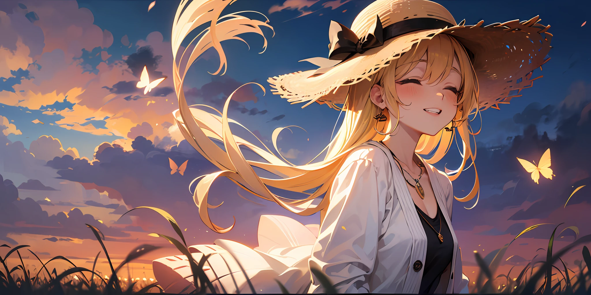 Best quality, Best Masterpiece, 1 woman, ((((Solo))), From the side Side, (Close your eyes: 1.4), Gentle smile, Show your teeth, Looking at the camera, Blonde, Brown cardigan, White skirt, Wearing a straw hat,There are small erflies around,Blushing, (Rice field at dusk: 1.3), Big sunset, an orange view, small necklace, (Hide hands: 1.4),ultra - detailed,