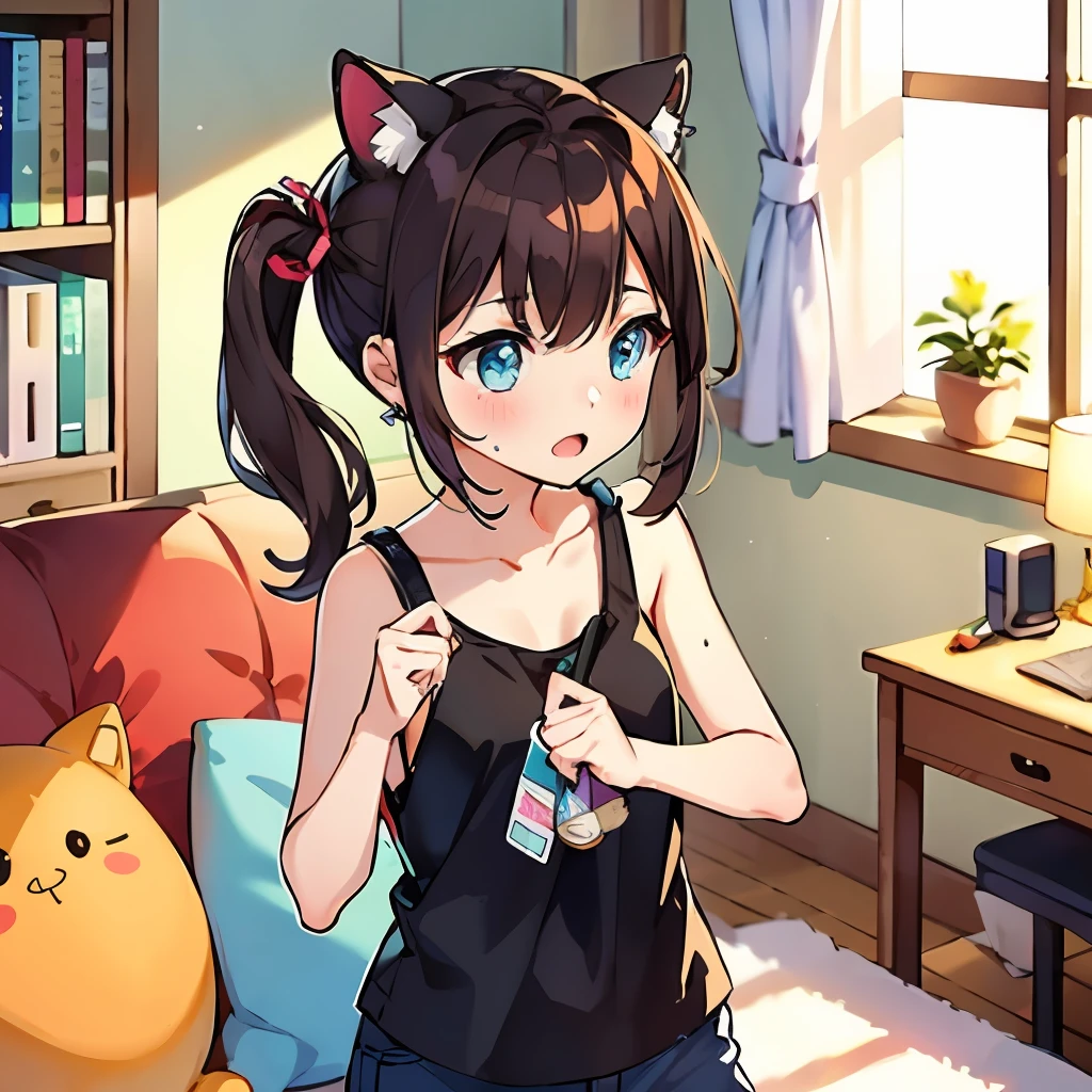 One girl.
(masutepiece, of the highest quality, Kyoto Animation Style Illustration, of the highest quality, Official art, aesthetics, Beautiful details, :1. 2), BREAK, (17 years old girl), Very detailed, colourfull, highest details, BREAK, (Bomb Chest: 1. 2,), Clear skin, Beautiful skin, Shy skin, with fringes, 1 beautiful girl, Brown hair, (Cat ears, Ponytail, medium-Long hair: 1. 2), (Light blue eyes, long eyelashes, Double eyelids: 1. 2), Solo, BREAK,
Fans shake their heads to blow wind into the room.
A girl is one girl.
Black tank top and shorts. Sweat.
girl's own room, bed, desk work, Chair, DVR, Shelves with small items,Women's underwear scattered all over the room,Holding your head in bed,
Fans shake their heads to blow wind into the room.
The girl sits in front of the fan, Mouth wide open, I'm in a hurry,
「Ah!'
Summer scenery.