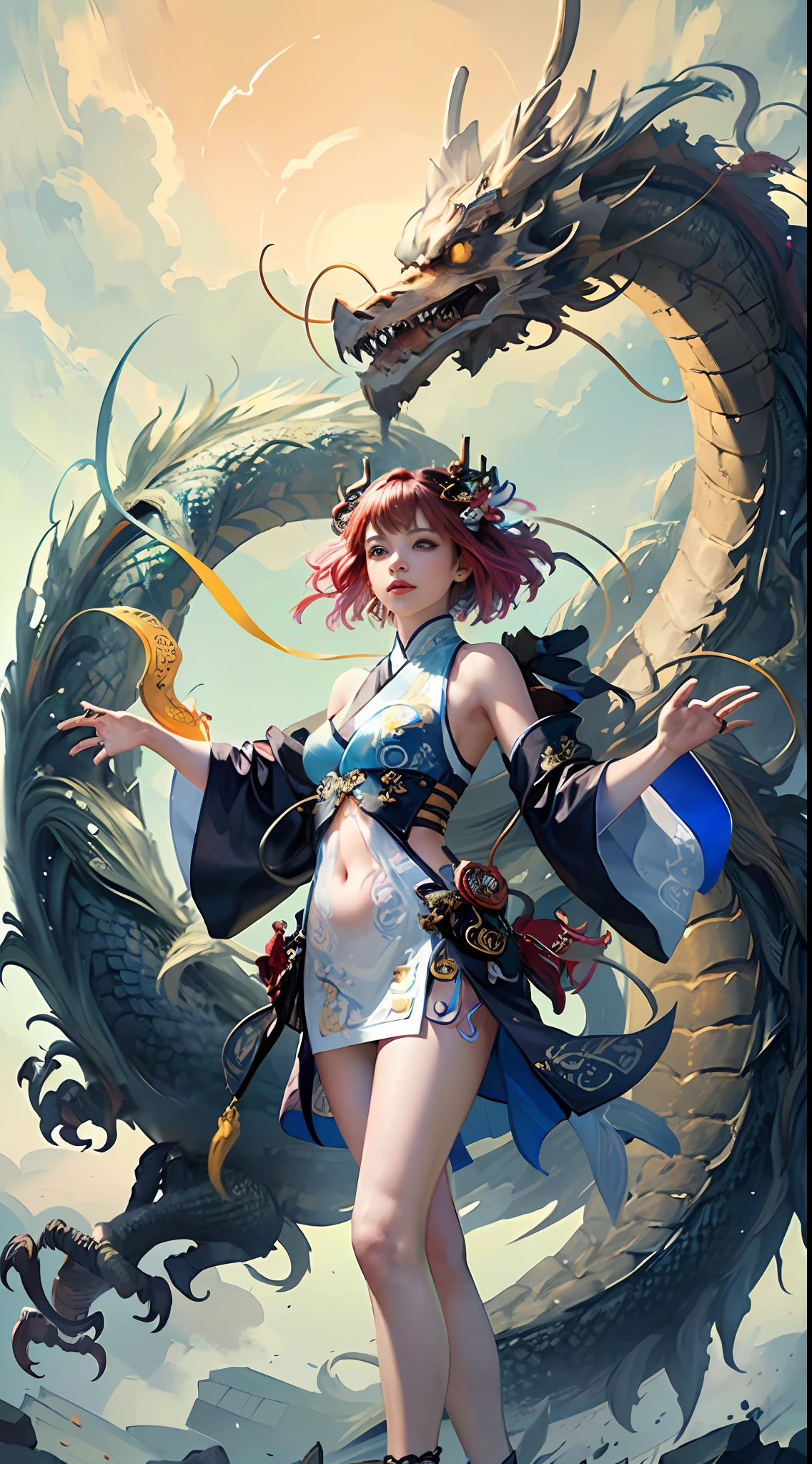 Official Art, Unified 8K Wallpapers, Ultra Detailed, Beautiful and Aesthetic, Masterpiece, Best Quality, (Zentangle, Tangle, Entangle), (fractal art: 1.4), (character center: 1.3), 1girl, black hair, Chinese, off-the-shoulders, short skirt, calf, navel, very detailed, dynamic angle, cowboyshot, (most beautiful form of chaos), ethereal, (bright colors), oc, (half: 1.2), china, (thangka flying sky: 1.5), (ribbon: 1.3), (dream: 1.5), (hanfu: 1.5), Chinese dragon, Chinese phoenix, (smile: 0.5), ( Chinese deities),