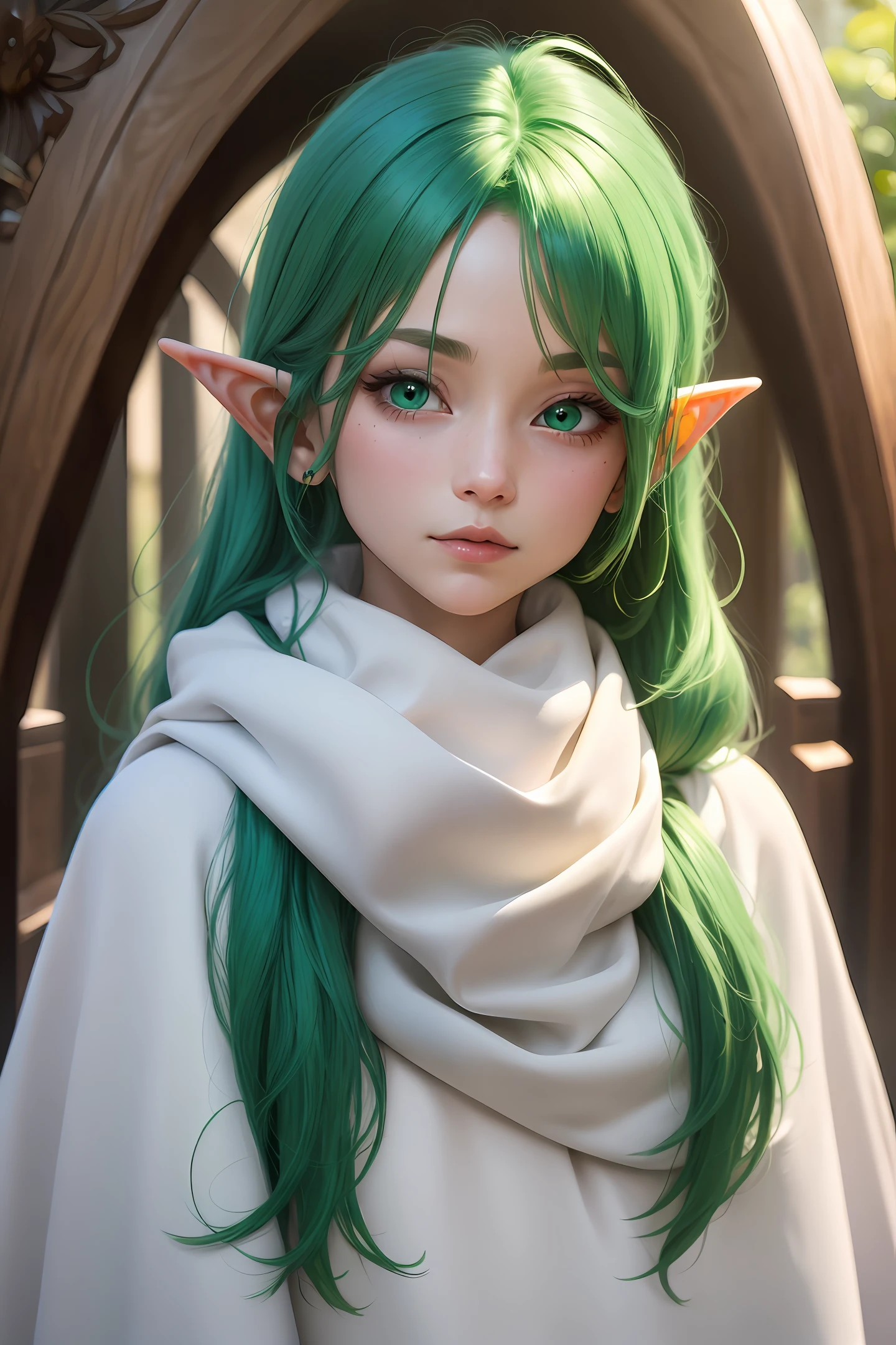 Green hair, white cloth eyes, elf side face