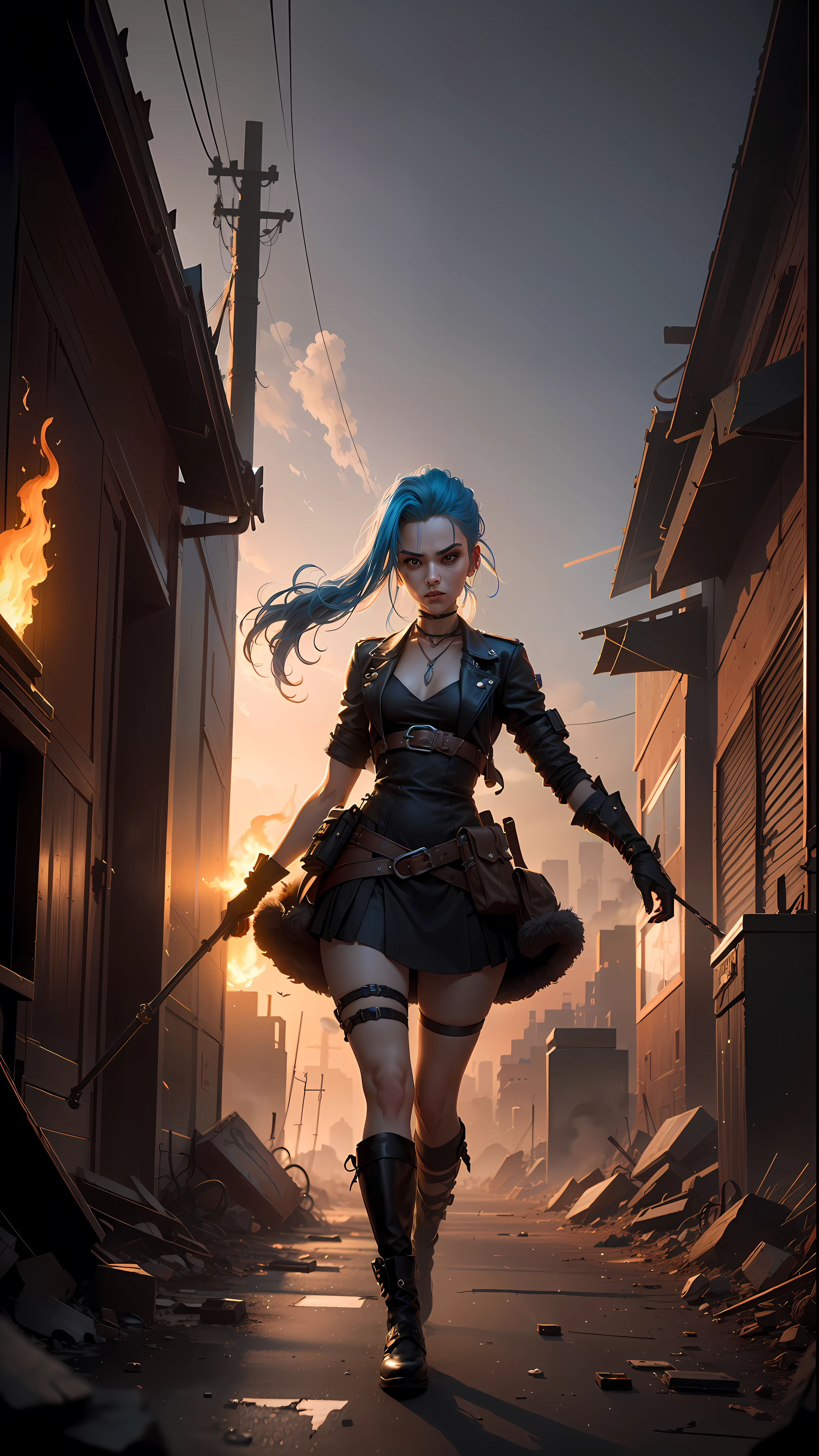 ((Best quality)), ((masterpiece)), (highly detailed:1.3), 3D, arcane style,In the dark and gritty dystopian city Piltover, plagued by violence and divided into two opposing factions, a young prodigy named Jinx emerges. Having endured unimaginable loss and abandonment, she has embraced a life of chaos and destruction. Known for her inventive and explosive abilities, Jinx becomes an icon of rebellion against the oppressive forces controlling the city. However, haunted by guilt and battling inner demons, she must confront her past and decide whether to continue down the path of anarchy or seek redemption amidst the turmoil. Explore the journey of Jinx as she navigates a treacherous world, fighting for survival, unraveling secrets, and discovering the true meaning of her twisted existencechaos reigns supreme, and at the heart of it all is Jinx, the embodiment of unpredictability. Delve deep into the twisted mind of Jinx, exploring the origins of her madness and the driving force behind her destructive nature. Unveil the moments that shaped her into the deranged and iconic character we know. Take us on a wild journey through the vibrant streets of Piltover and the grim underbelly of Zaun as Jinx wreaks havoc with her explosive arsenal. Can redemption ever find its way into Jinx's fractured soul? Or will she forever dance on the edge of sanity, embracing the chaos that fuels her very existence? The fate of Arcane hangs in the balance as Jinx's path intertwines with unlikely allies and formidable foes. Ignite your imagination and paint a vivid portrait of Jinx's twisted psyche, capturing the essence of her madness and the untamed spirit that defines her,HDR (High Dynamic Range),Ray Tracing,NVIDIA RTX,Super-Resolution,Unreal 5,Subsurface scattering,PBR Texturing,Post-processing,Anisotropic Filtering,Depth-of-field,Maximum clarity and sharpness,Multi-layered textures,Albedo and Specular maps,Surface shading,Accurate simulation of light-material interaction,Perfect proportion
