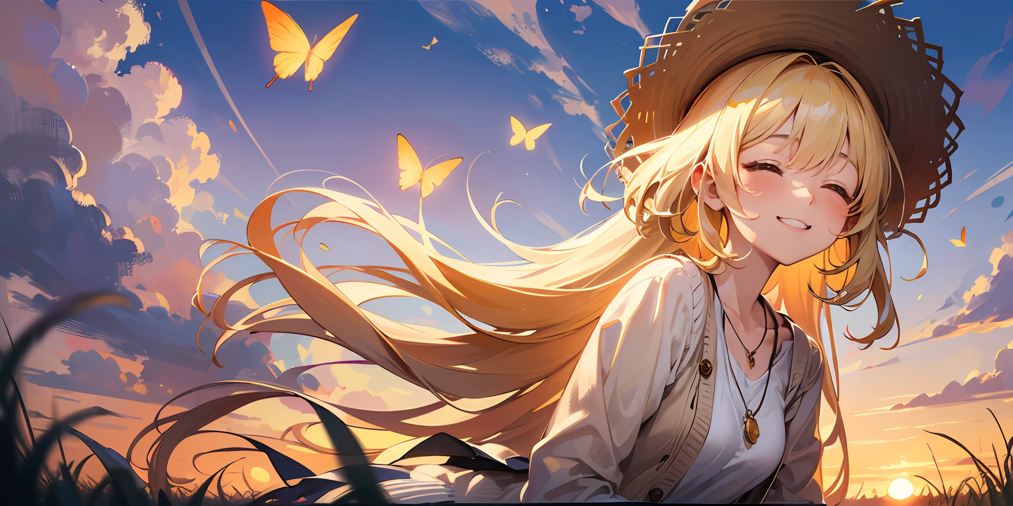 Best quality, Best Masterpiece, 1 woman, ((((Solo 1.2))), From the side Side, (Close your eyes: 1.4), Gentle smile, Show your teeth, Looking at the camera, Blonde, Brown cardigan, White skirt, Wearing a straw hat,There are small butterflies around,Blushing, (Rice field at dusk: 1.3), Big sunset, an orange view, small necklace, (Hide hands: 1.4),ultra - detailed,
