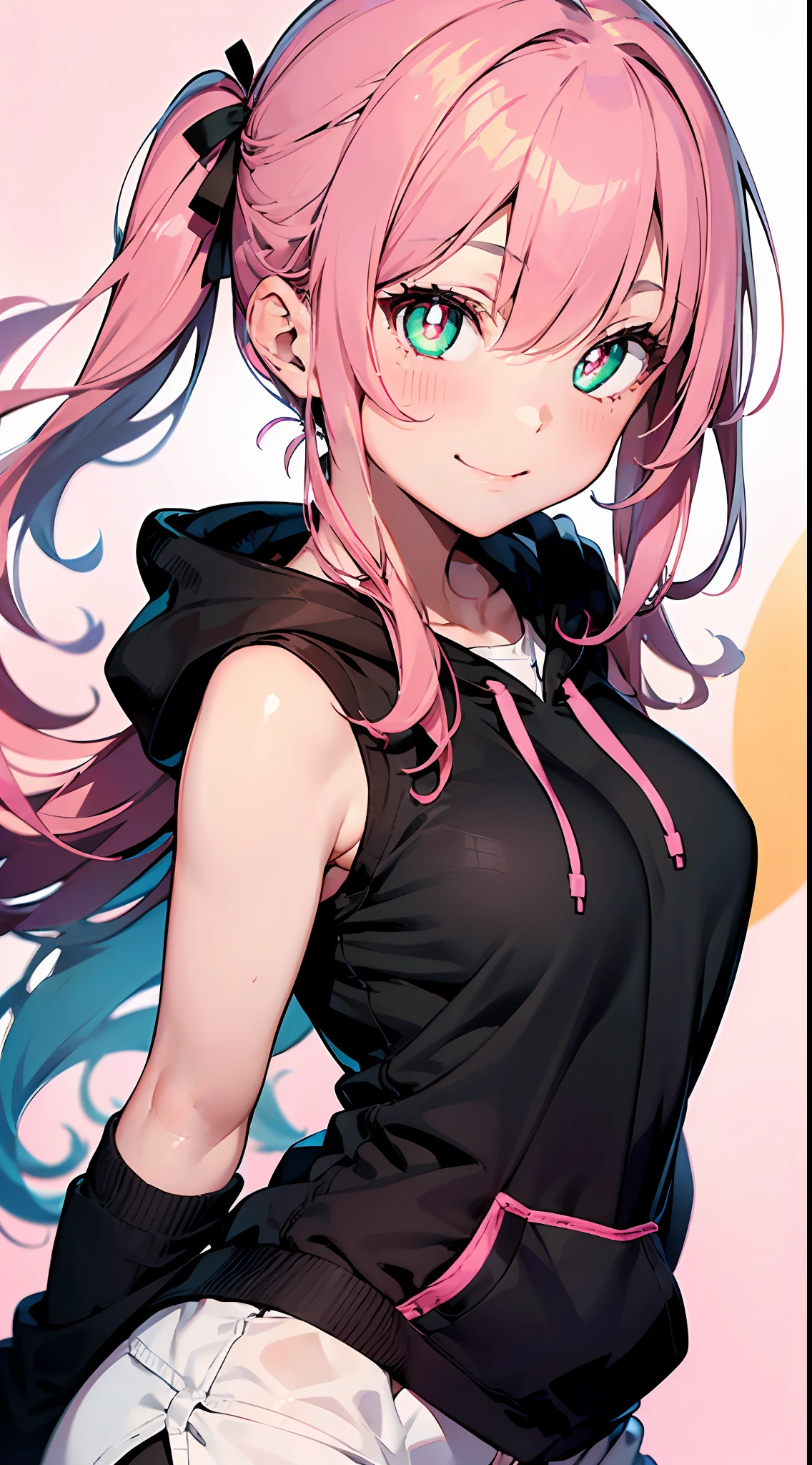 selfee:2(((masutepiece))),((ultra-detailliert,Best Quality, hight resolution, 8K Wallpaper, Beautiful clothes,)),fullllbody,Fulll body Shot (1 girl)((Pink hair, Long hair,Straight hair,two side up)) (Green eyes),eyeshadows, eye line,gloweyes, ultradetailed eyes, intricate eyes, Beautiful eyes, ((Glowing pink pupils))18-year-old girl.A smile.Baggy hoodies.Sleeveless.Thin material、lame、