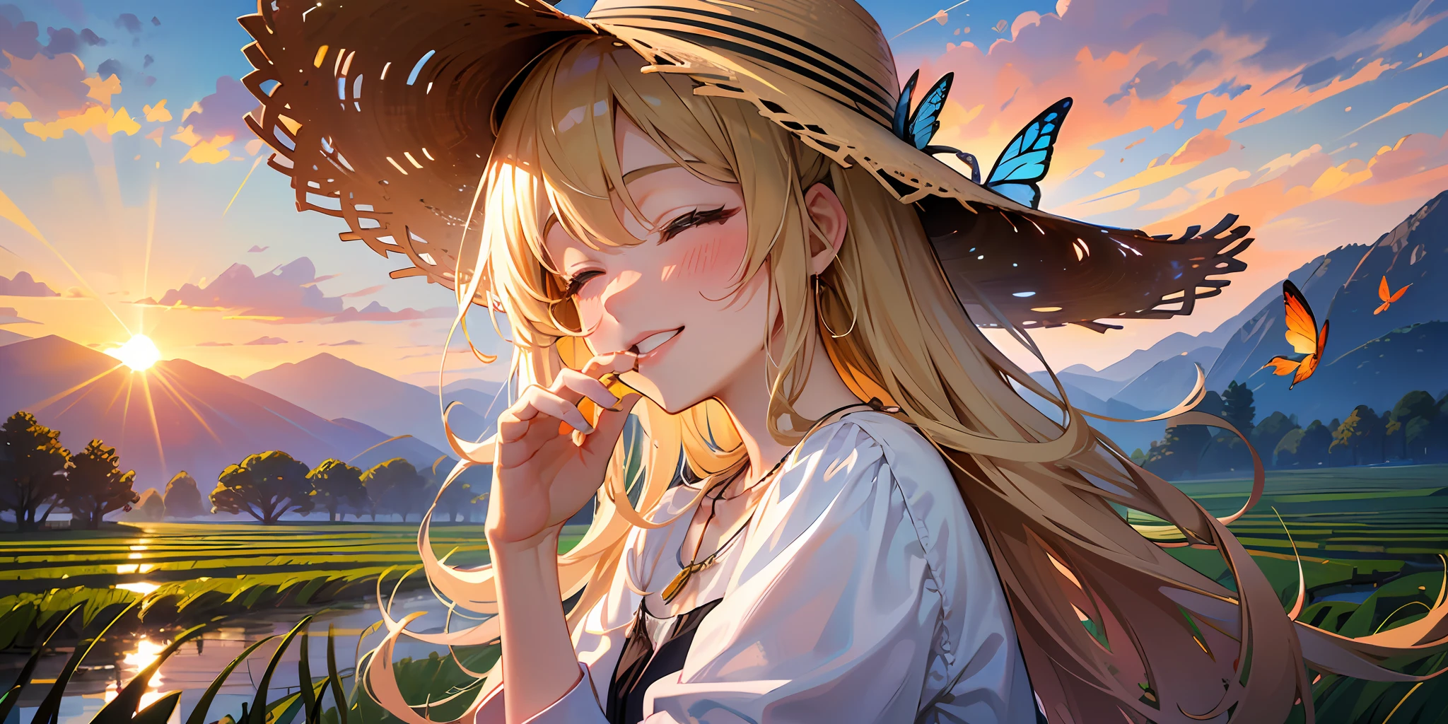 Best quality, Best Masterpiece, 1 woman, ((((Solo 1.2))), From the side Side, (Close your eyes: 1.4), Gentle smile, Show your teeth, Looking at the camera, Blonde, Brown cardigan, White skirt, Wearing a straw hat，There are small butterflies around，Blushing, (Rice field at dusk: 1.3), Big sunset, an orange view, small necklace, (Hide hands: 1.4),ultra - detailed，