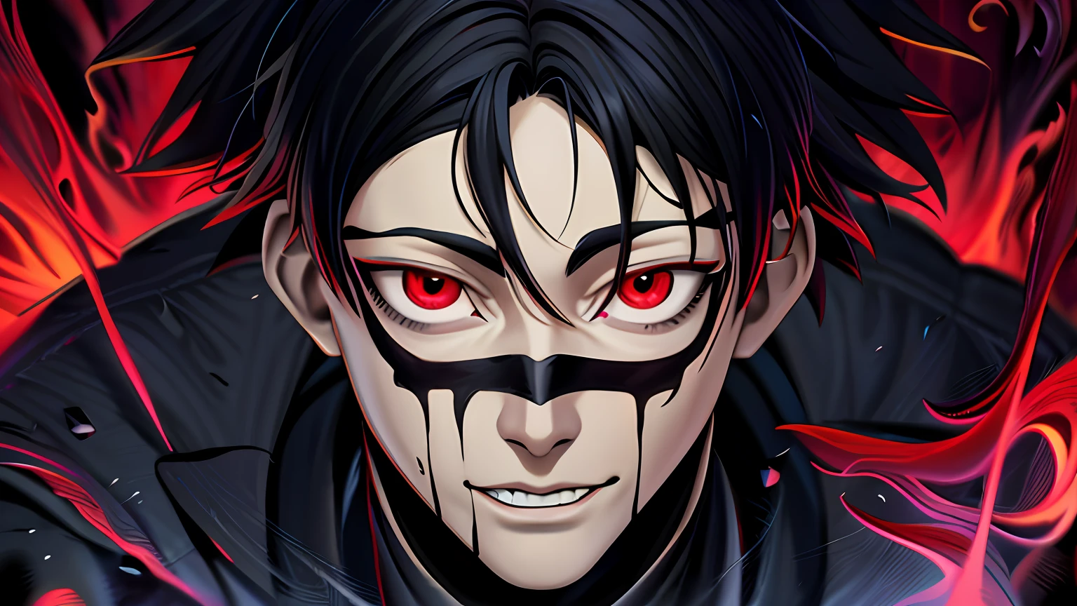 digital anime illustration, epic anime style, anime styled digital art, detailed digital anime art, oil paint, choso, jujutsu kaisen art, Choso (Jujutsu Kaisen) - PINTURA DA MORTE | Chrono, black hair, black ink on face, detailed eyes and hair, Red background