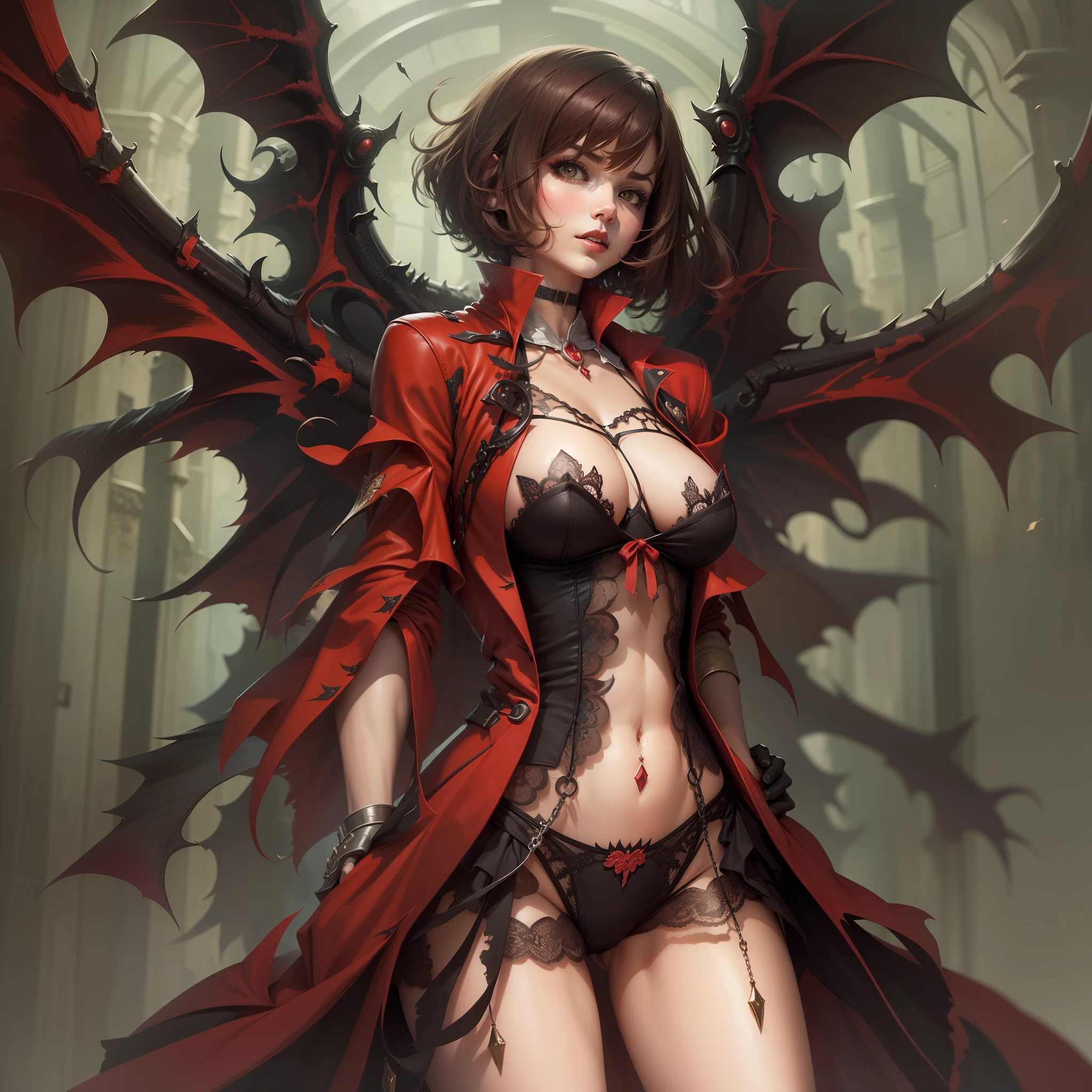 1 , succubus, castlevania, (((cabelo curto))), (((short hair)))), cabelo vermelho, ruiva, asas de morcego, asas grandes, big bat wings castlevania, 30 anos, espartilho preto, look of malice, olhar SENSUAL, corpo exposto, mostrando corpo, dinamic angle, lingerie sensual
