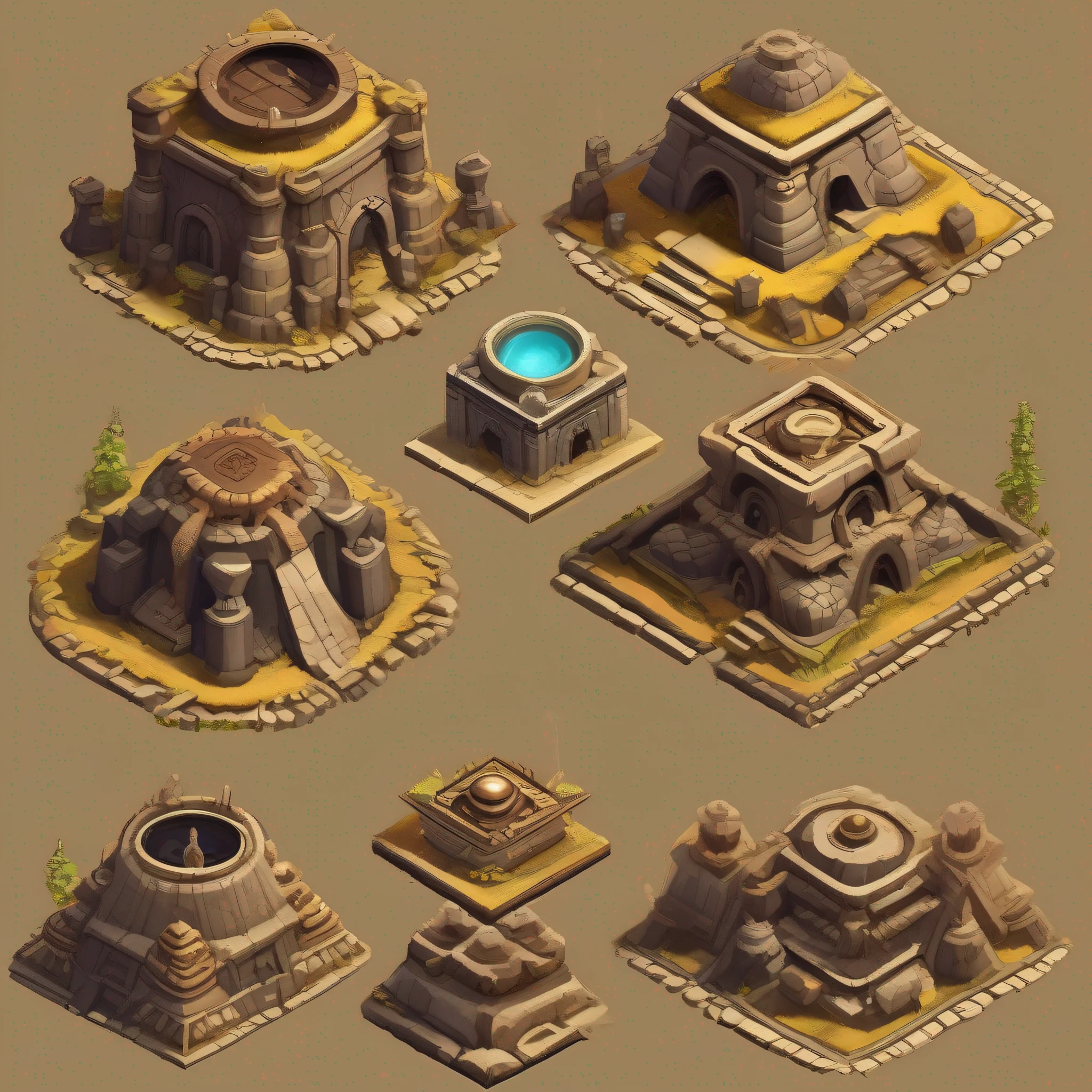(Primitive tribal architectural design),Realisticstyle, Game architectural design,(circular roof, giant tomb structures, symmetrical outpost, Andrew's base, clash of clans style, fantasy building, small settlements, giant hall, giant grave structures, township, Ironmaking pits, Boulder buildings, mining outpost, Dome of Miracles, Ruins of the City of the Fallen Kingdom),(Primitive barbarian style),Stone Age,Primordial period,(white backgrounid),Realistic photos,low poly, best detail, tmasterpiece, best qualtiy, toon rendering, 8K
