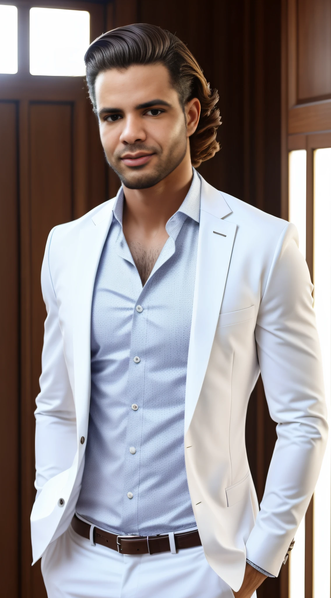 "Foto perfeita, realista, elaborada, roupa social, cabelo curto, homem elegante em uma varanda ensolarada."