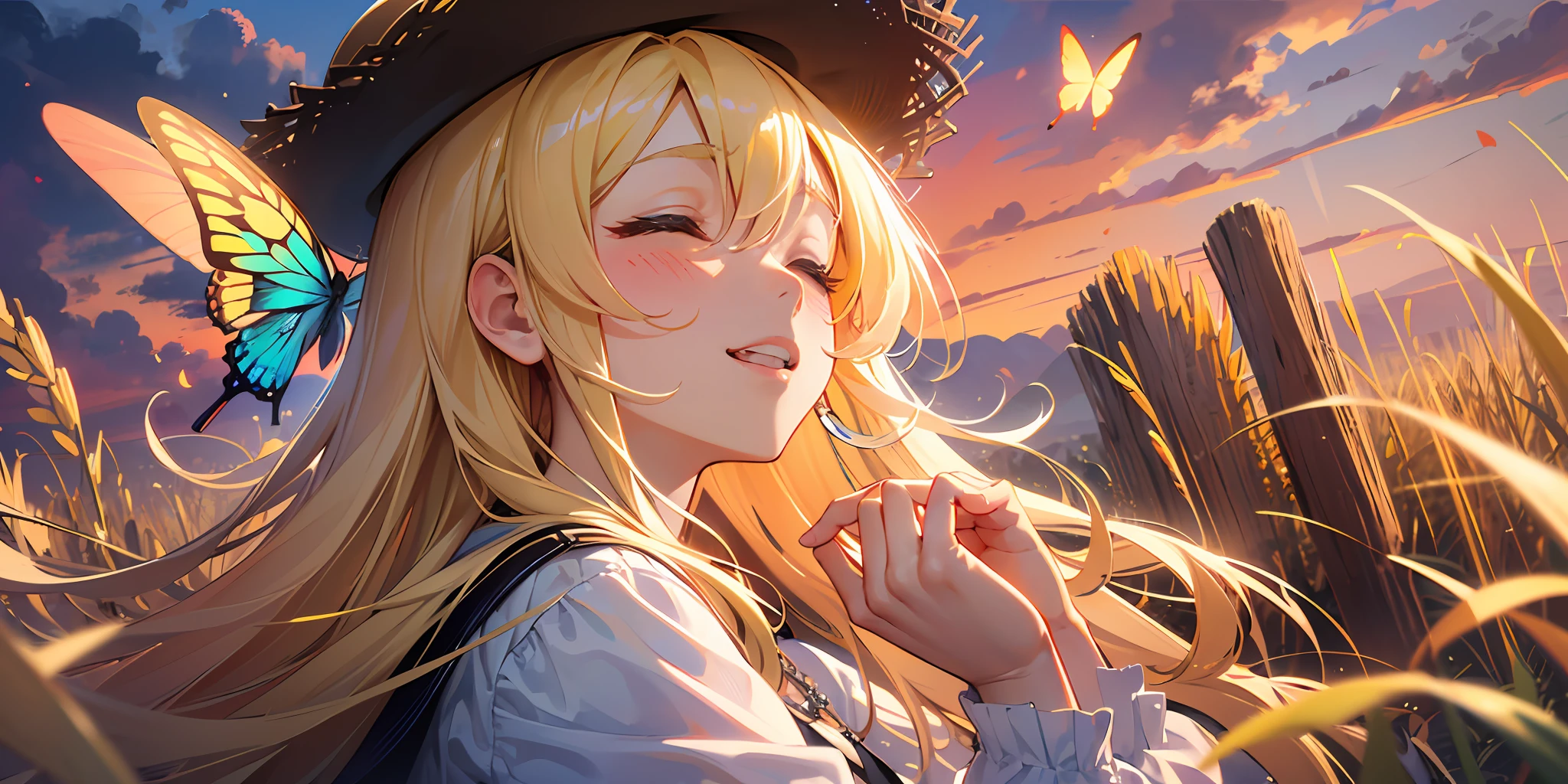 Best quality, Best Masterpiece, 1 woman, ((((Solo 1.2))), From the side Side, (Close your eyes: 1.4), Gentle smile, Show your teeth, Looking at the camera, Blonde, Brown cardigan, White skirt, Wearing a straw hat，There are small butterflies around，Blushing, (Rice field at dusk: 1.3), Big sunset, an orange view, small necklace, (Hide hands: 1.4),ultra - detailed，
