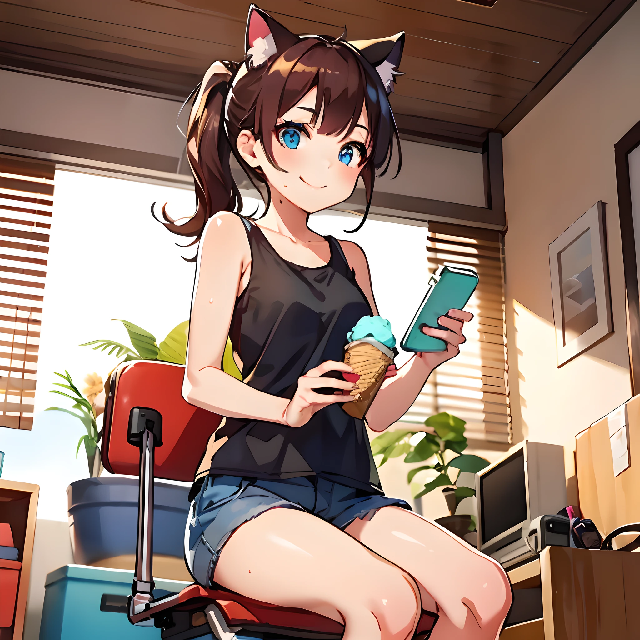 One girl.
(masutepiece, of the highest quality, Kyoto Animation Style Illustration, of the highest quality, Official art, aesthetics, Beautiful details, :1. 2), BREAK, ( girl), Very detailed, colourfull, highest details, BREAK, (Bomb Chest: 1. 2,), Clear skin, Beautiful skin, Shy skin, with fringes, 1 beautiful girl, Brown hair, (Cat ears, Ponytail, medium-Long hair: 1. 2), (Light blue eyes, long eyelashes, Double eyelids: 1. 2), Solo, BREAK,
Fans shake their heads to blow wind into the room.
A girl is one girl.
Black tank top and shorts. Sweat.
girl's own room, bed, desk work, Chair, DVR, Shelves with small items,Women's underwear scattered all over the room,Holding your head in bed,
Fans shake their heads to blow wind into the room.
The girl sits in front of the fan, Eat ice cream with your mouth wide open, A smile,