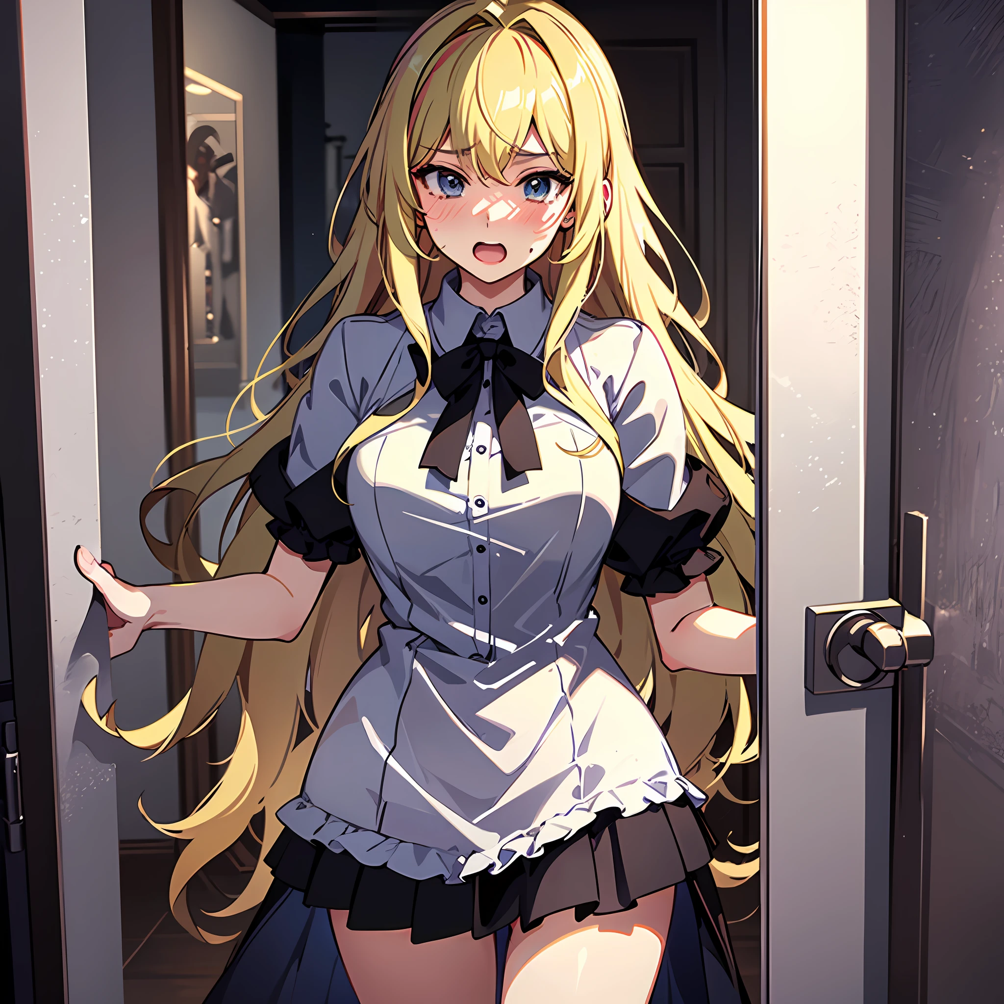 1girll,(Long fluffy blonde hair:1.6),Business suit,Skirt that wraps hips,black long socks,Mature and beautiful,Rich and noble families,Stand at the bathroom door,crasy,screaming, tearing up, ear blush, flustered, heavy breathing, full-face blush,looking at viewert,Ultra-detailed CG,Exquisite facial features,Clear facial expressions,Detailed digital anime art,Digital anime art,High quality anime art style