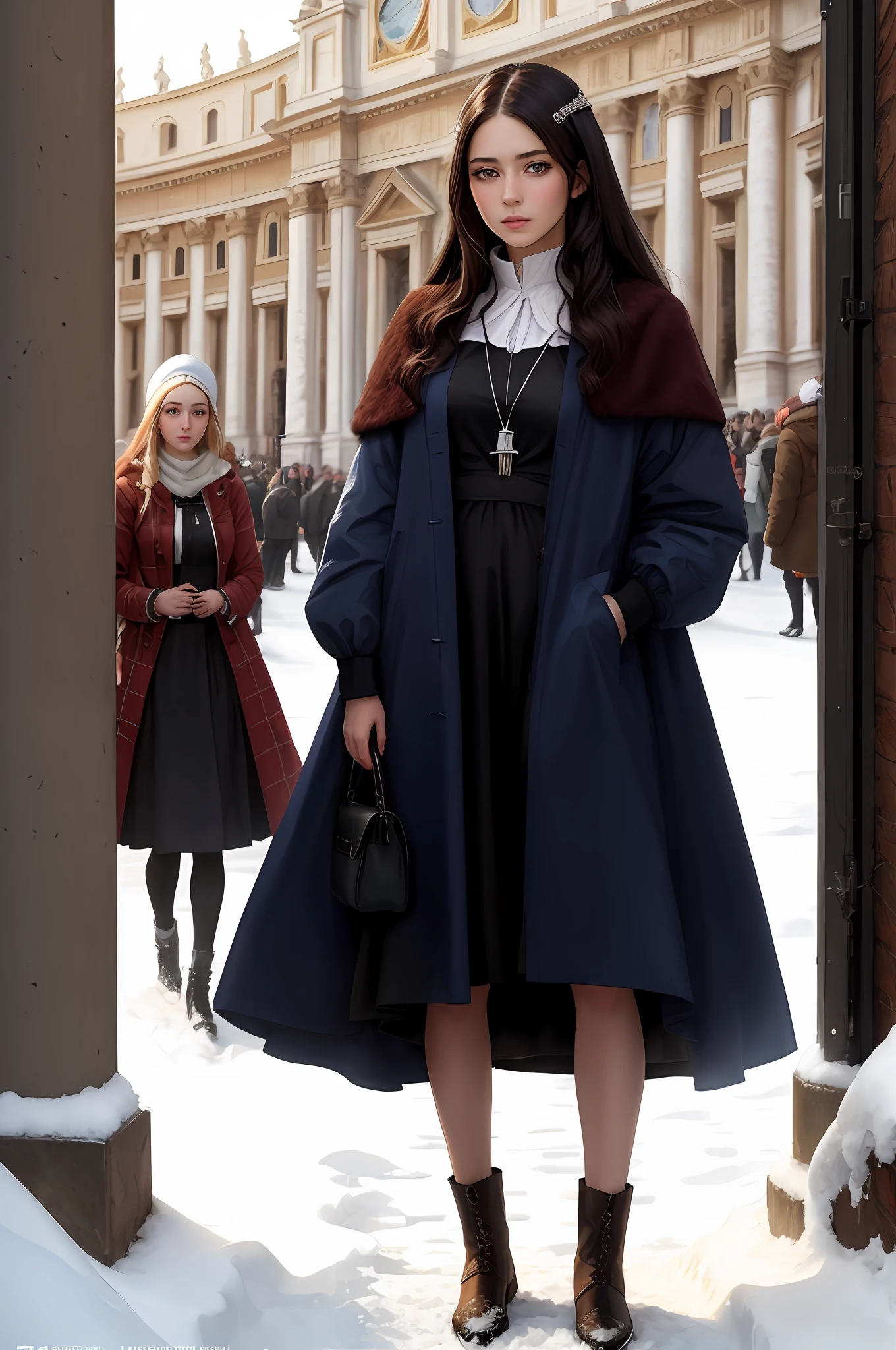 （Positive focus),2girls,duo,navel,(on the St. Peter's Square of Vatican,crowd,winter,Snowy),Surrealistic Female Portraits by David Hockney and Alphonse Mucha,Fantasy art,photograph realistic， Dynamic lighting，art  stations,poster for,Volumetriclighting,Very detailed faces,4K,Award-Awarded,Fantastic costumes,Deep shadows,low tune,cowboy lens， （official outfit：1.4）， looking at the camera in， Half-body shot，（（Realistic face））），