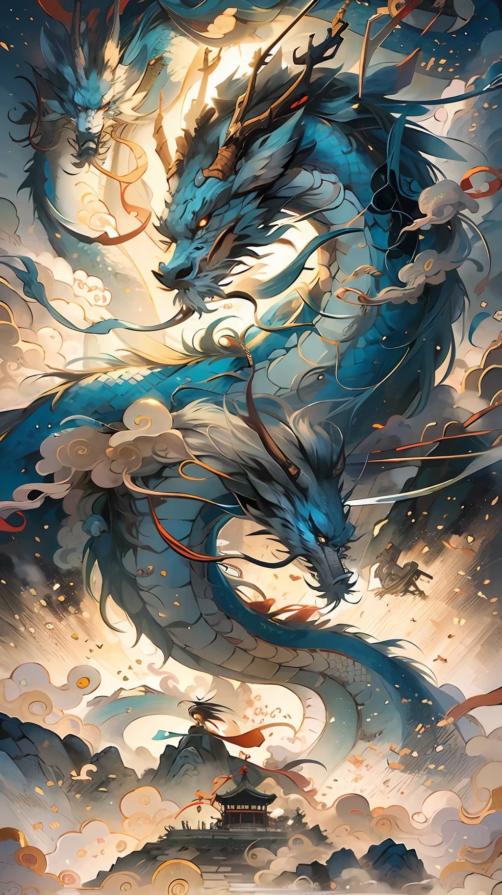 chinesedragon,An ancient Chinese painting, ancient chinese background, mountain ranges, rios, Auspicious clouds, Pavilions, rays of sunshine, tmasterpiece, super detailing, Epic composition, hyper HD, high qulity, extremely detaile, offcial art, 统一 8k 壁纸, super detailing, 32k -- v 6