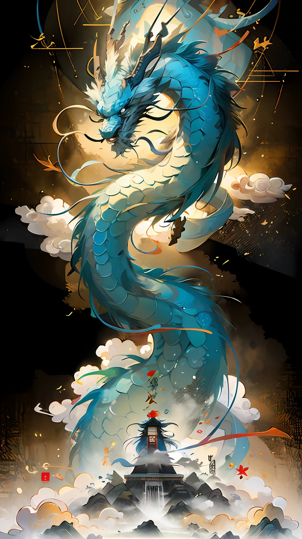 chinesedragon，An ancient Chinese painting， ancient chinese background， mountain ranges， rios， Auspicious clouds， Pavilions， rays of sunshine， tmasterpiece， super detailing， Epic composition， hyper HD， high qulity， extremely detaile， offcial art， 统一 8k 壁纸， super detailing， 32k -- v 6