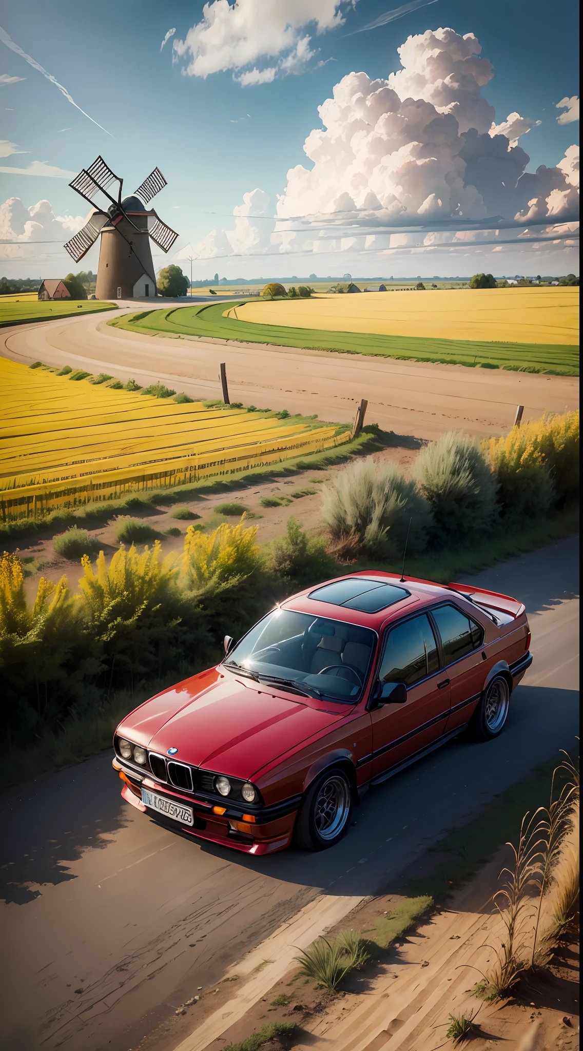 old red BMW e30 car, dirt road, wheat field, old windmill, sunny, clouds