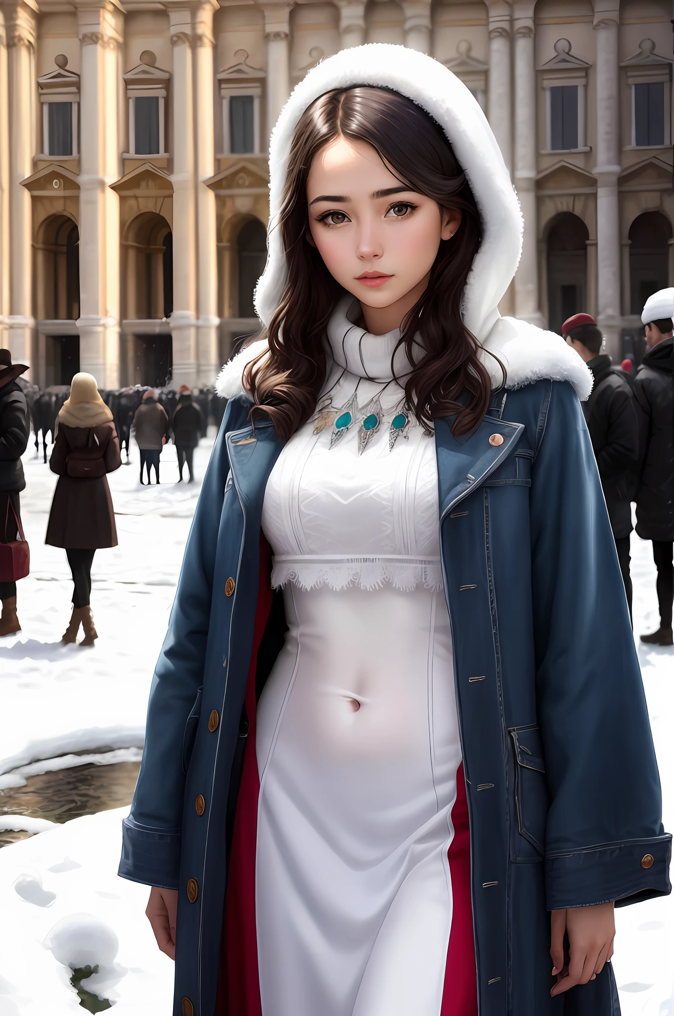 (Positive focus),2girls,duo,navel,(on the St. Peter's Square of Vatican,crowd,winter,Snowy),Surrealistic Female Portraits by David Hockney and Alphonse Mucha,Fantasy art,photograph realistic, Dynamic lighting,art stations,poster for,Volumetriclighting,Very detailed faces,4K,Award-Awarded,Fantastic costumes,Deep shadows,low tune,cowboy lens, (official outfit:1.4), looking at the camera in, Half-body shot,((Realistic face))),