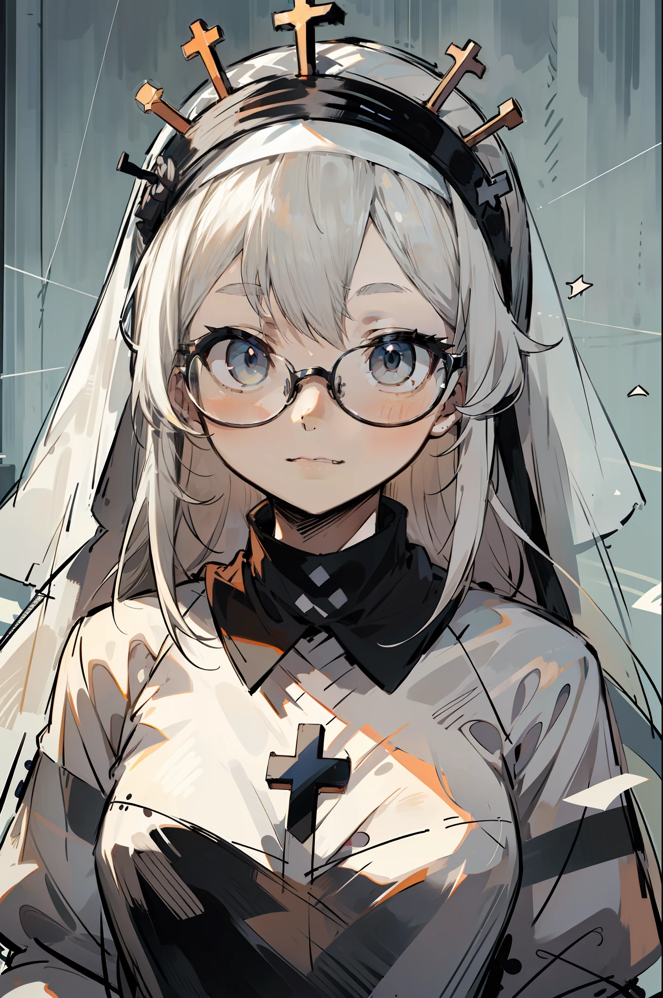 tmasterpiece，Super mass，Hyper-detailing，Perfect drawing，1 beauty，orthofacial，By bangs，long whitr hair，Loose gray hair，Small round eyes，Height 165cm，Three sizes B70W50H75，lewd nun，crosses，Wearing glasses