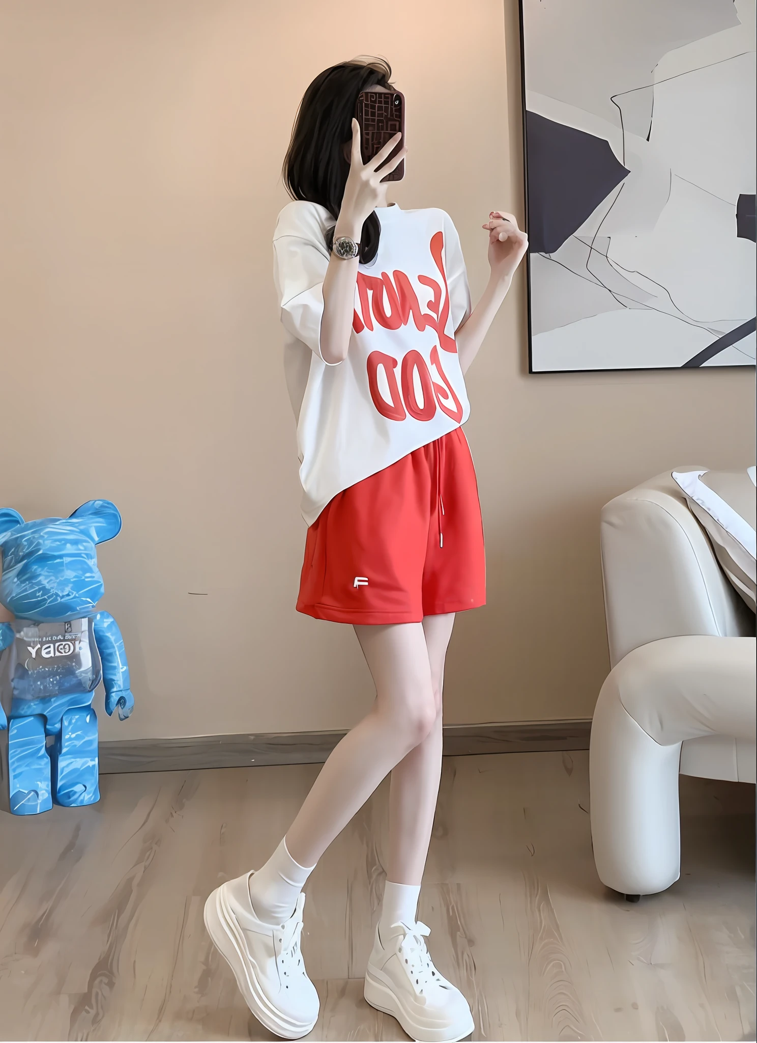 Woman in white shirt and red dress holding up cell phone, casual clothing style, white red, wearing red color shorts, Cute casual streetwear, only red colour, white trendy clothes, with a red skirt, 2 0 2 0 fashion, Casual clothing, wearing red attire, reds), pokemon trainer outfit, wearing off - white style, in shorts and t-shirt