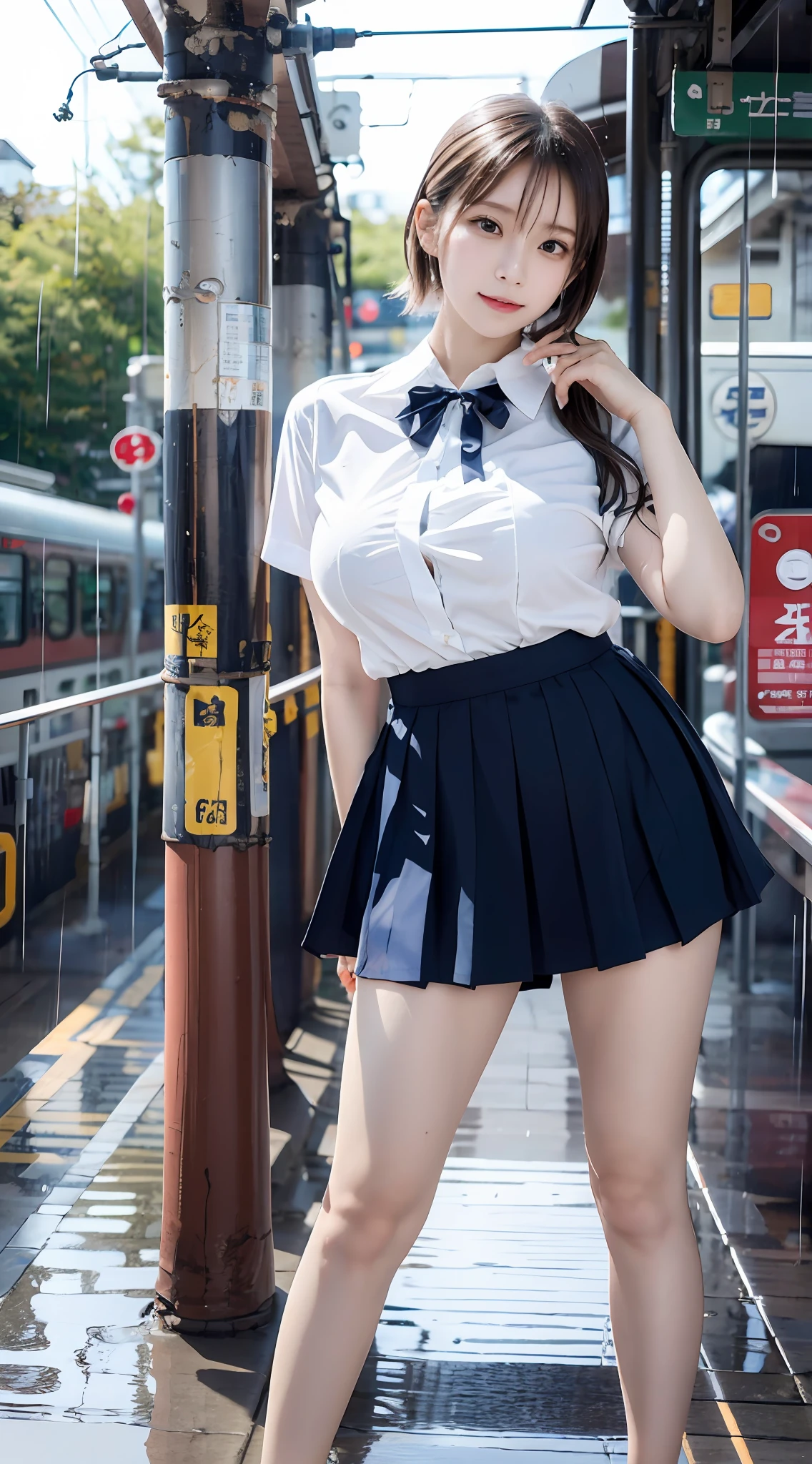 masutepiece, Best Quality, japanaese girl, 8K, Raw photo, top-notch quality, masutepiece, nffsw:1.2, exceptionally detailed RAW color photo, professional-grade photograph, (Realistic, Photorealistic:1.37), (highly detailedskin:1.2), Ultra-high resolution, (lenz 50mm),japanaese girl、a 18 year old girl、Pull Shorthair、blondehair、bangss、Brown-eyed、Perfect figure、Transparency、The sheen、Gloss、discreet breasts、校服、Navy blue ribbon、Light blue shirt、Navy blue skirt、Hikaru、Burning Body、hposing Gravure Idol、on train、Beautiful feet、Strong sunshine、Odious、Rain-drenched body、女優、Gravure idol posing、乃木坂アイドル、韓国アイドル