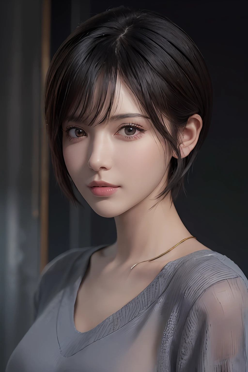 (masterpiece:1.3), (8k, photorealistic, RAW photo, best quality: 1.4), (1girl), beautiful face, (realistic face), (black hair, short hair:1.3), beautiful hairstyle, realistic eyes, beautiful detailed eyes, (realistic skin), beautiful skin, (sweater), absurdres, attractive, ultra high res, ultra realistic, highly detailed, golden ratio