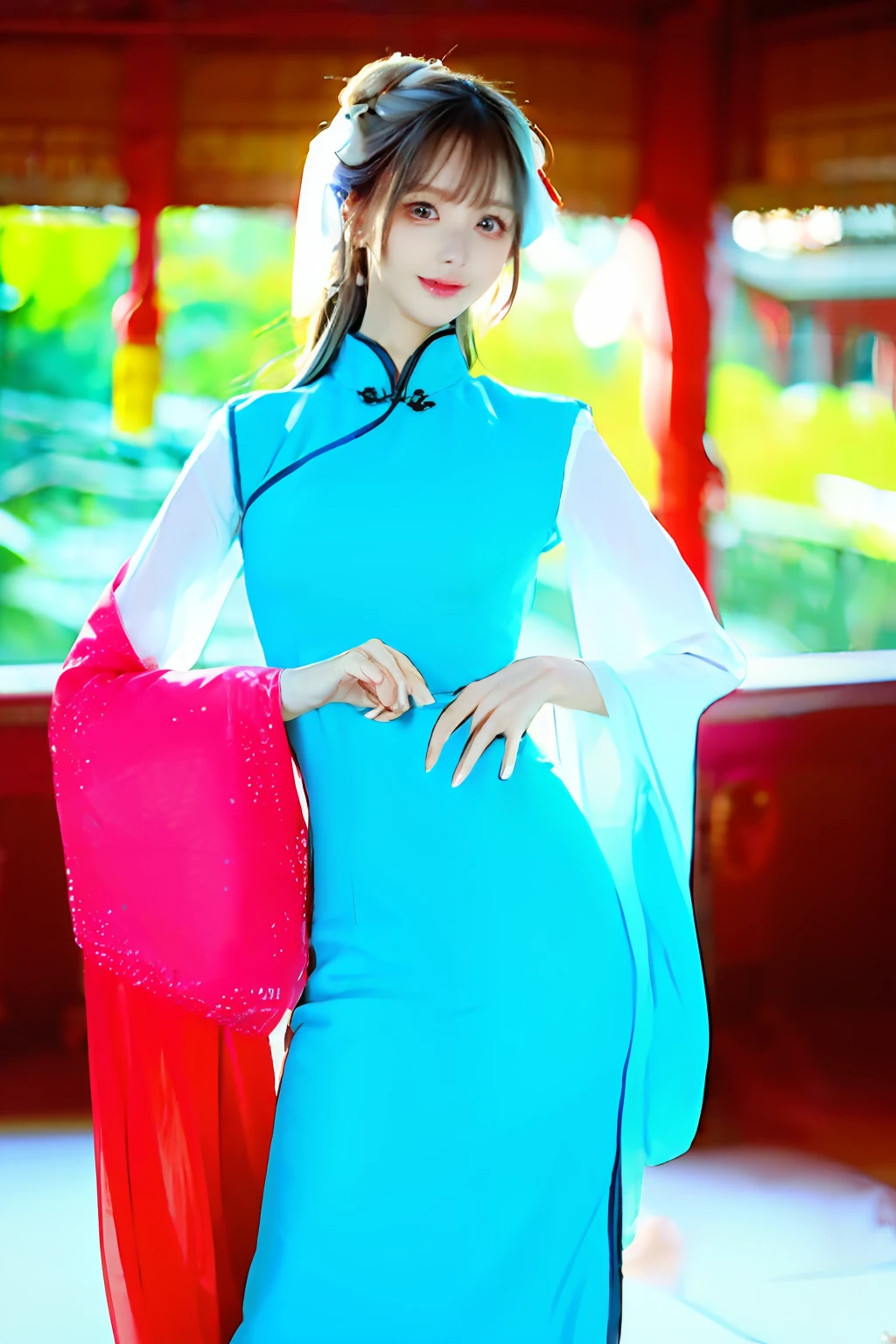 There is a girl in a green dress, plum blossoms, palaces, oriental architecture ray tracing, {best quality}, {{masterpiece}}, extremely detailed 8K wallpaper, {an extremely delicate and beautiful}, colorful, intricately detailed, Realistic, real, camera quality, (detailed depiction of clothes), cool white skin, (detailed depiction of blush), 1080p, sun, soft cuteness, smooth light silver hair, messy beauty, lighting, broken feeling, bright and silky skin , 3D stereoscopic, masterpiece, best quality, super fine illustration, beautiful eyes, very fine light, fine glow, very fine 8K CG wallpaper, peach eyes, red pupils, an extremely delicate and beautiful girl, 8k Wallpaper, best quality, full body close-up, white long dress, luxurious silky bright red chiffon floodlight (magic, glitter, ultra-thin, soft,) Hanfu