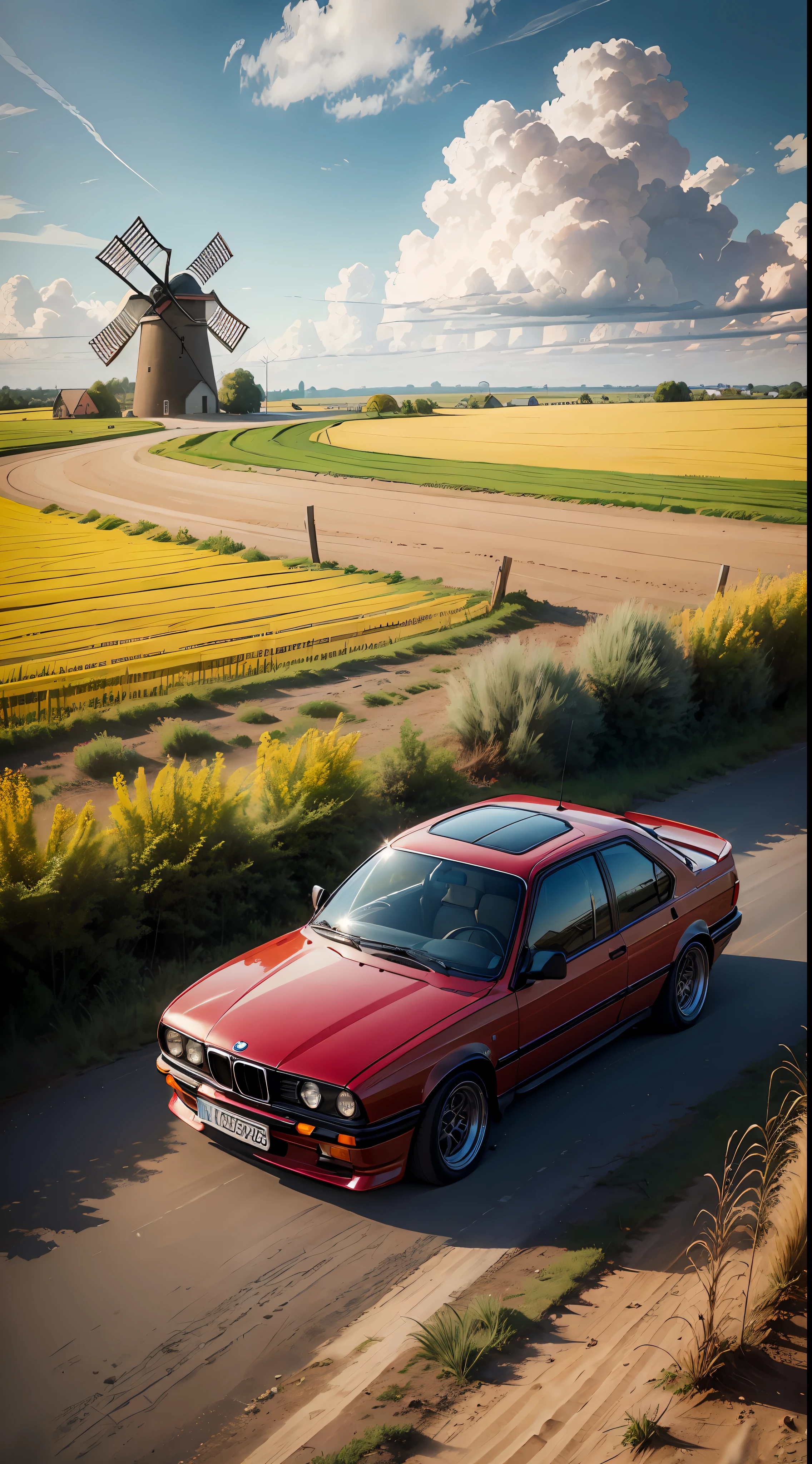old red BMW e30 car, dirt road, wheat field, old windmill, sunny, clouds