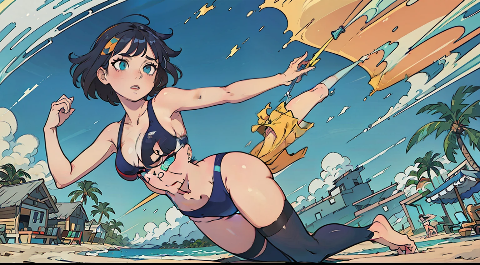 "(masterpiece), top-notch quality, striking eyes, flawless face, colorful swimsuit, energetic pose, statuesque figure, sandy Beach, alluring Thigh Highs"