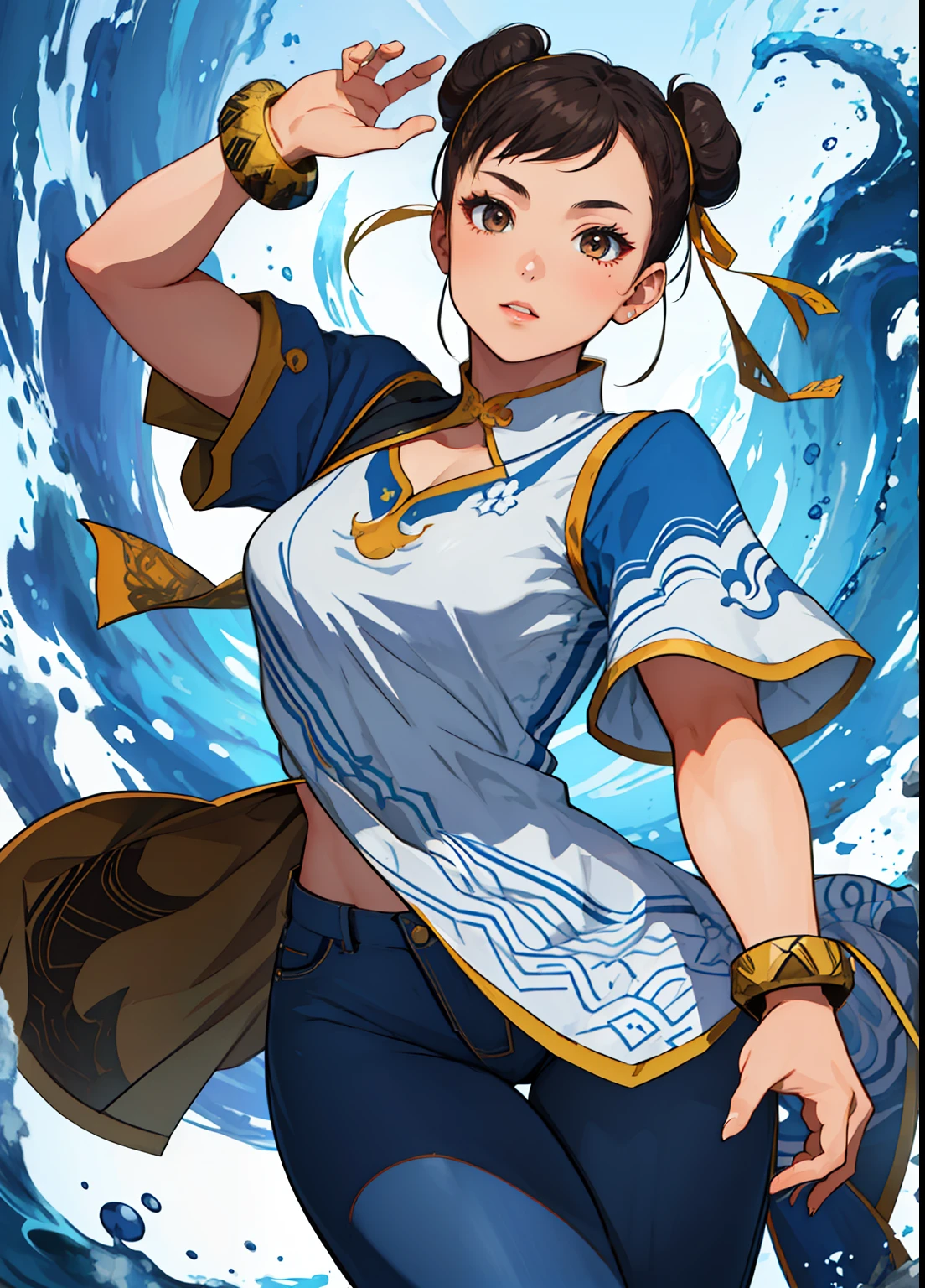 (masterpiece, best quality, high resolution), (illustration:1.0), extremely detailed face, perfect lighting, (perfect hands,perfect anatomy), (1girl, solo:1.5), glowing skin and perfect symmetrical pretty face ,cowboy shot,  chunlims,  hair bun, double bun, chinese clothes, solo, dress, bracelet, ribbon, pants, blue pants, makeup,  short sleeves, wide hips, thick thighs,