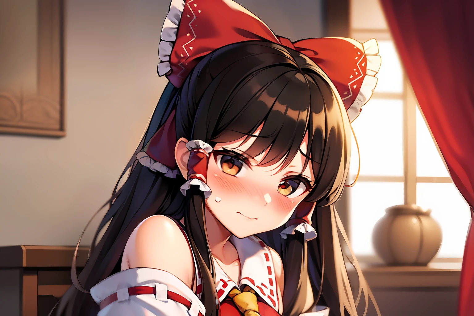 soio,Borei Reimu,embarrassed from,with blush cheeks,kawaii