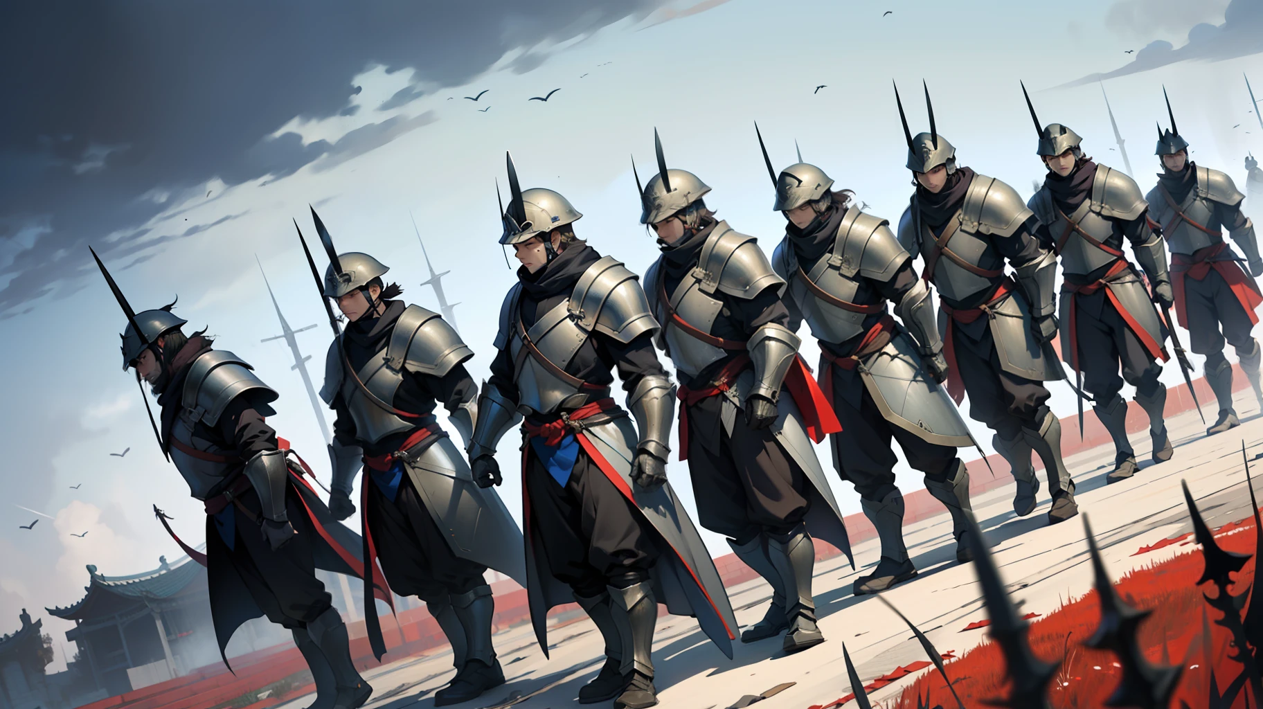 Many valiant soldiers，Lined up neatly，Wear armor，Blade in hand，Take firm steps，Determined gaze。